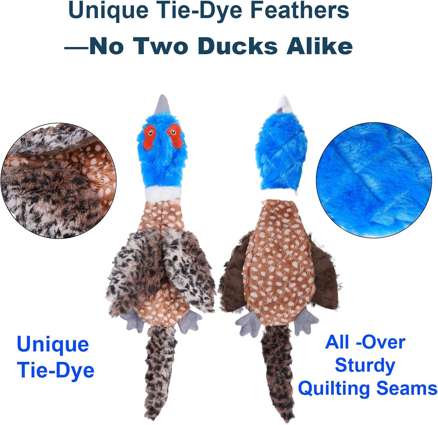 24” Jumbo Quilted Duck Dog Toy – Durable Tie-Dye Plush Bird with Double Squeakers & Crinkle Sound, No Stuffing Interactive Toy for Medium & Large Dogs