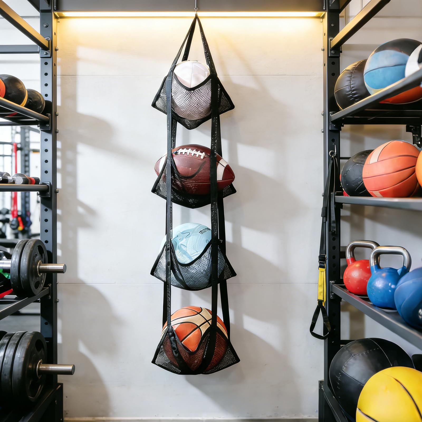 Rangement Ballon Mural Suspendu – Support Ballon 4 Niveaux, Filet de Rangement Ballons en Nylon pour Basketball Football Volleyball, Organisateur Gain de Place pour Garage, Cave, Salle de Sport (Noir)