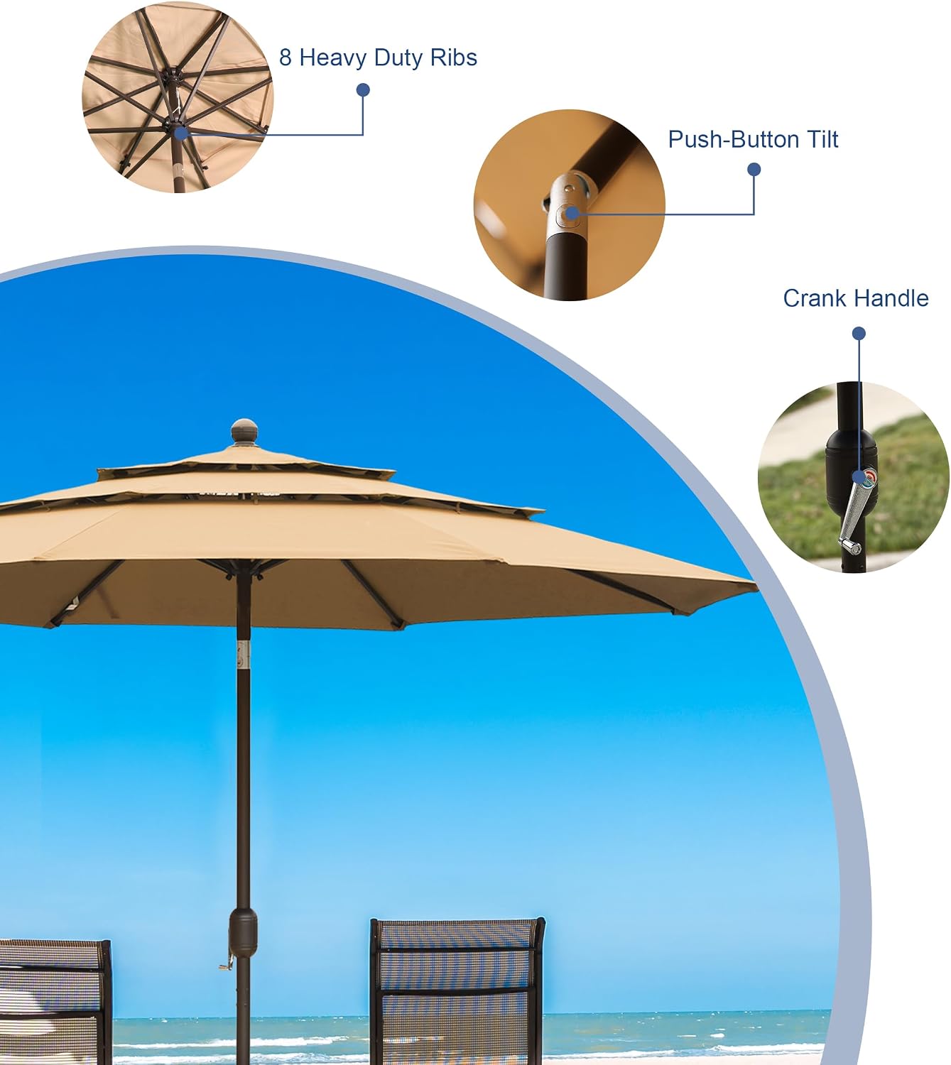 BPS 10ft 3-Tier Solar Patio Umbrella, Table Outdoor Market Sun Shade with 8 Sturdy Ribs，Beach Umbrella with Tilt Adjustment and Easy Crank for Poolside