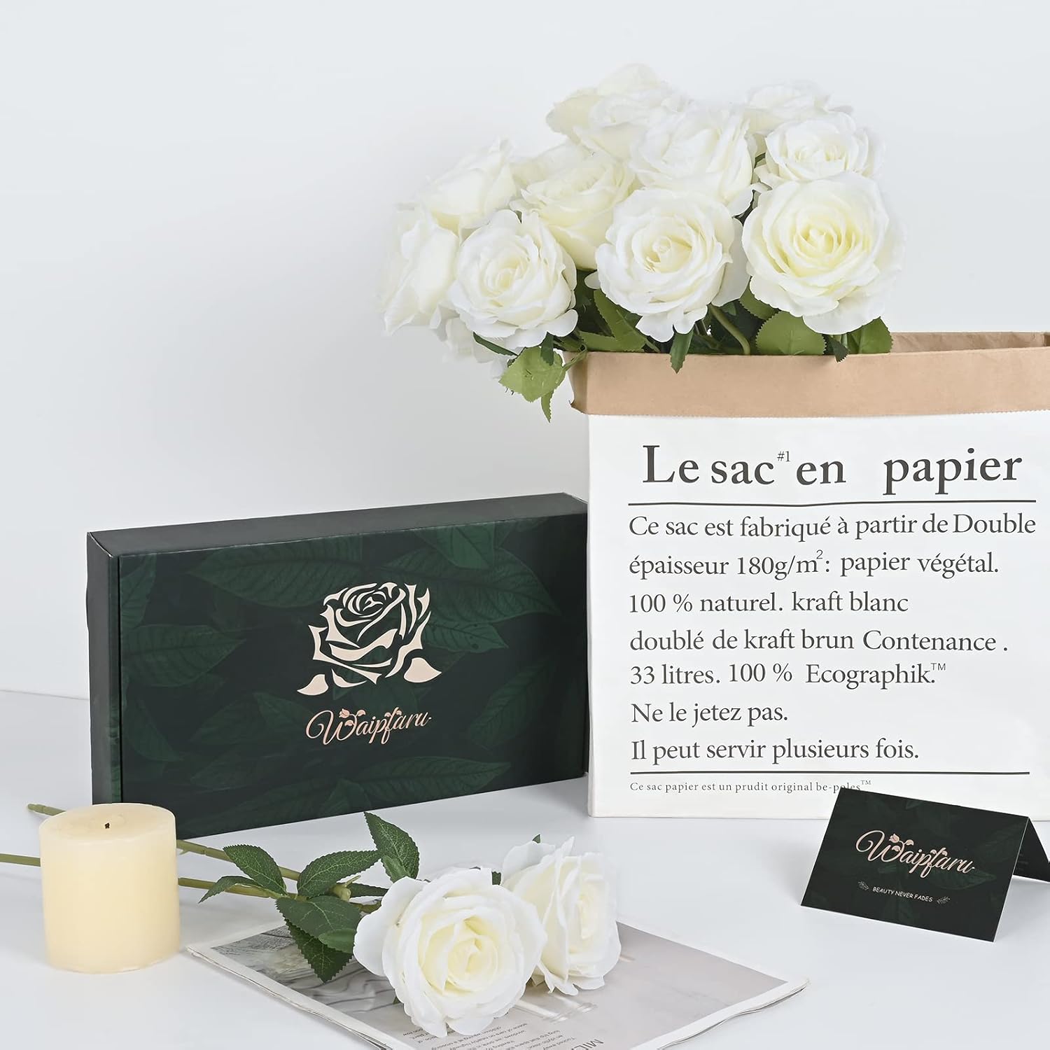 Waipfaru 8 Pcs Fake White Roses Artificial Flowers Bulk, Real Touch Silk Faux Roses with Long Stems for Wedding Bouquet Vase Flower Arrangement Table Centerpieces Home Decor (White) - Image 4