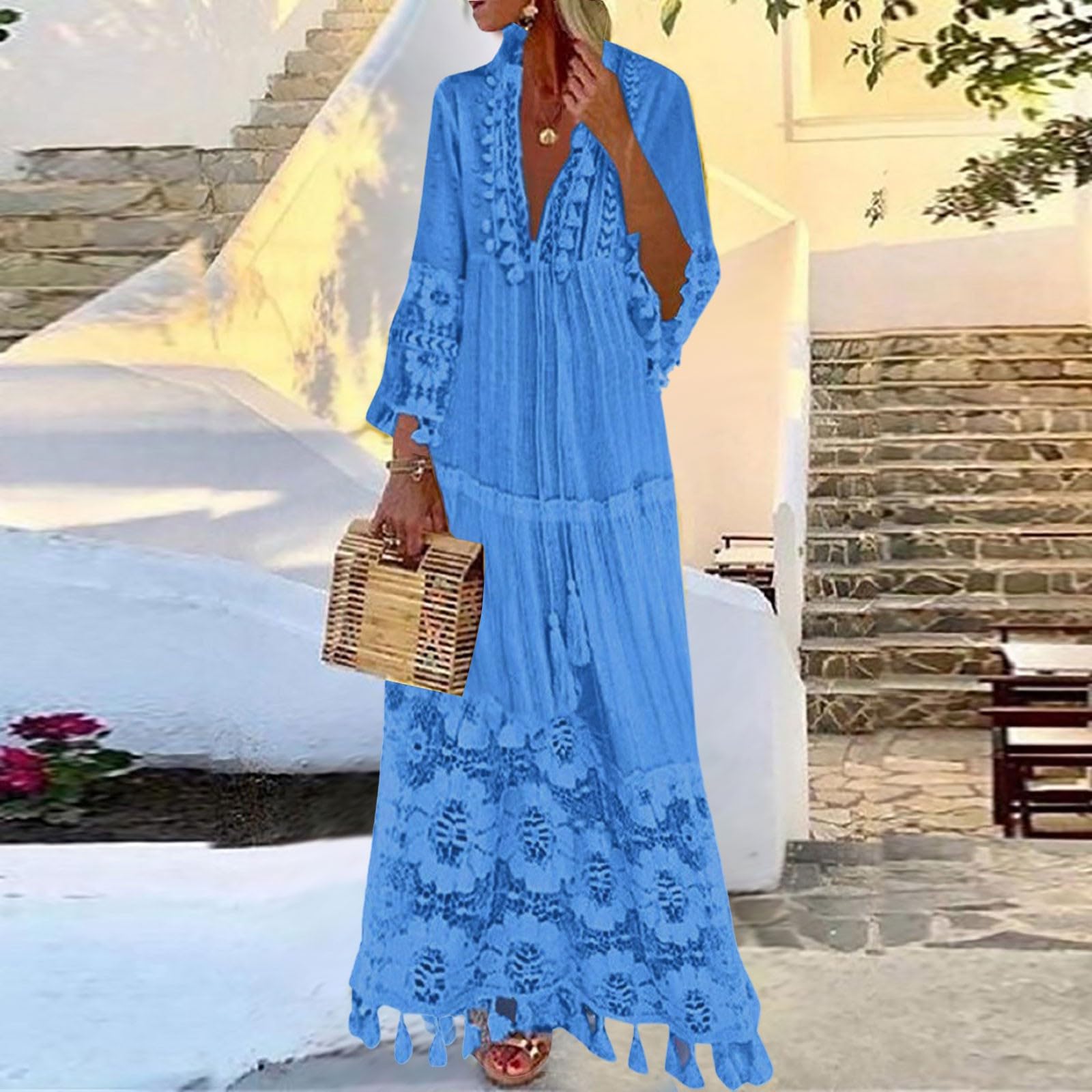 Generisch Abito da donna con maniche a 3/4, in pizzo, con scollo a V, stile bohémien, vintage, per feste, cocktail, vacanze, spiaggia, abito estivo