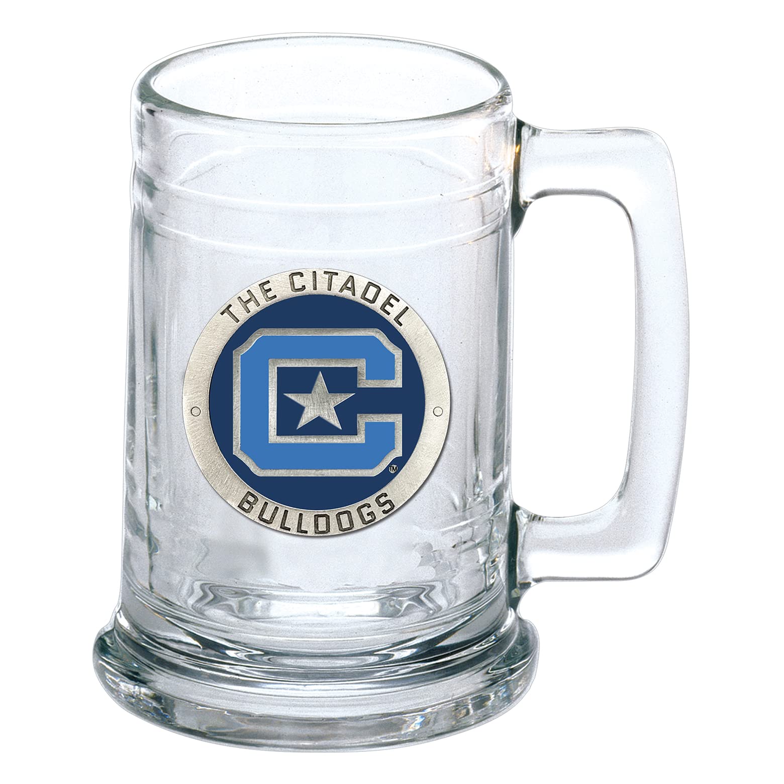 Heritage Pewter Citadel Beer Stein Glass | 15 Ounce German-Style Beer Glass | Intricately Crafted Metal Pewter Alma Mater Inlay