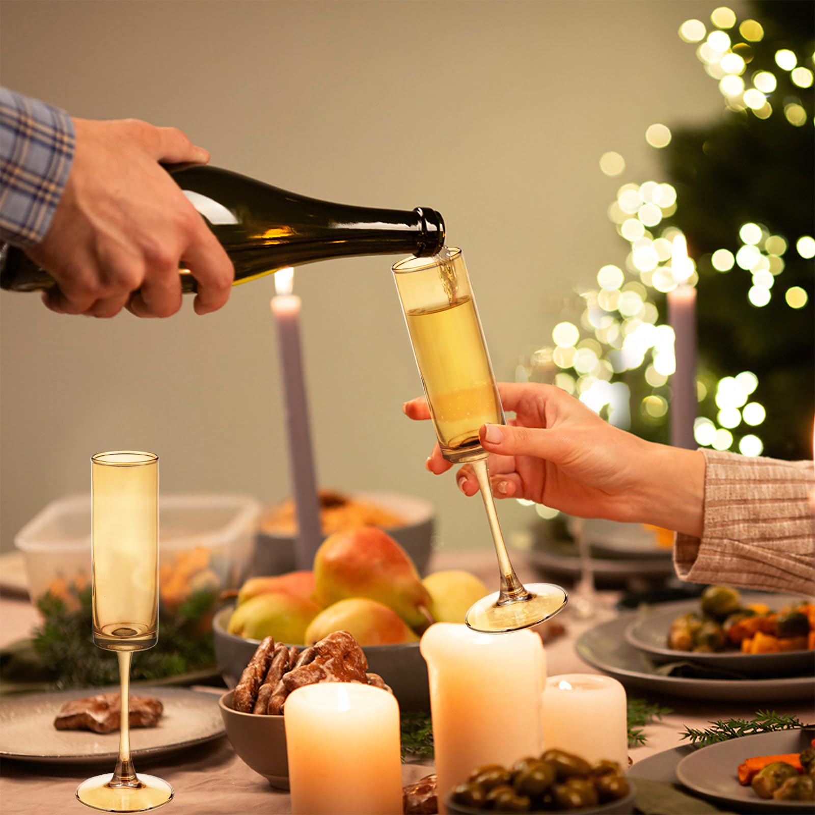 Bernstein-Champagnergläser, 170 ml, gerade Seiten, langer Stiel, buntes Trinkglas, Set mit 6 mundgeblasenen Champagnerflöten, Kelchen für Hochzeit, Cocktailbecher, Cava, Prosecco, 6 Stück
