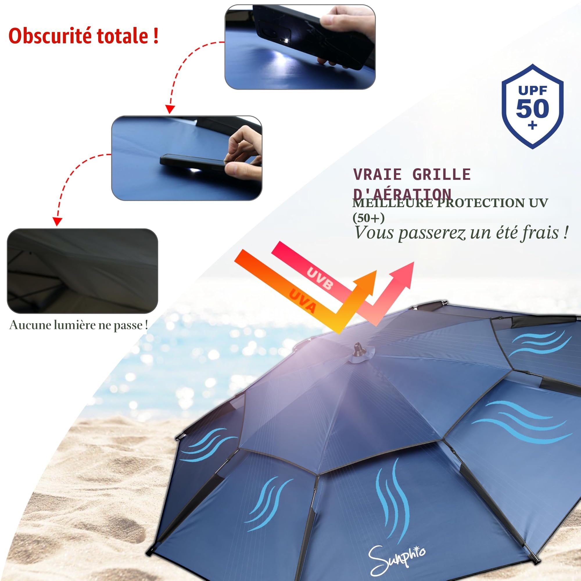 Sunphio Parasol Plage 220 cm, Anti UV Protection 50, Anti Vent, Solide, Inclinable, Compact, Grand Parasol Rond de Plage, Résistant au Vent