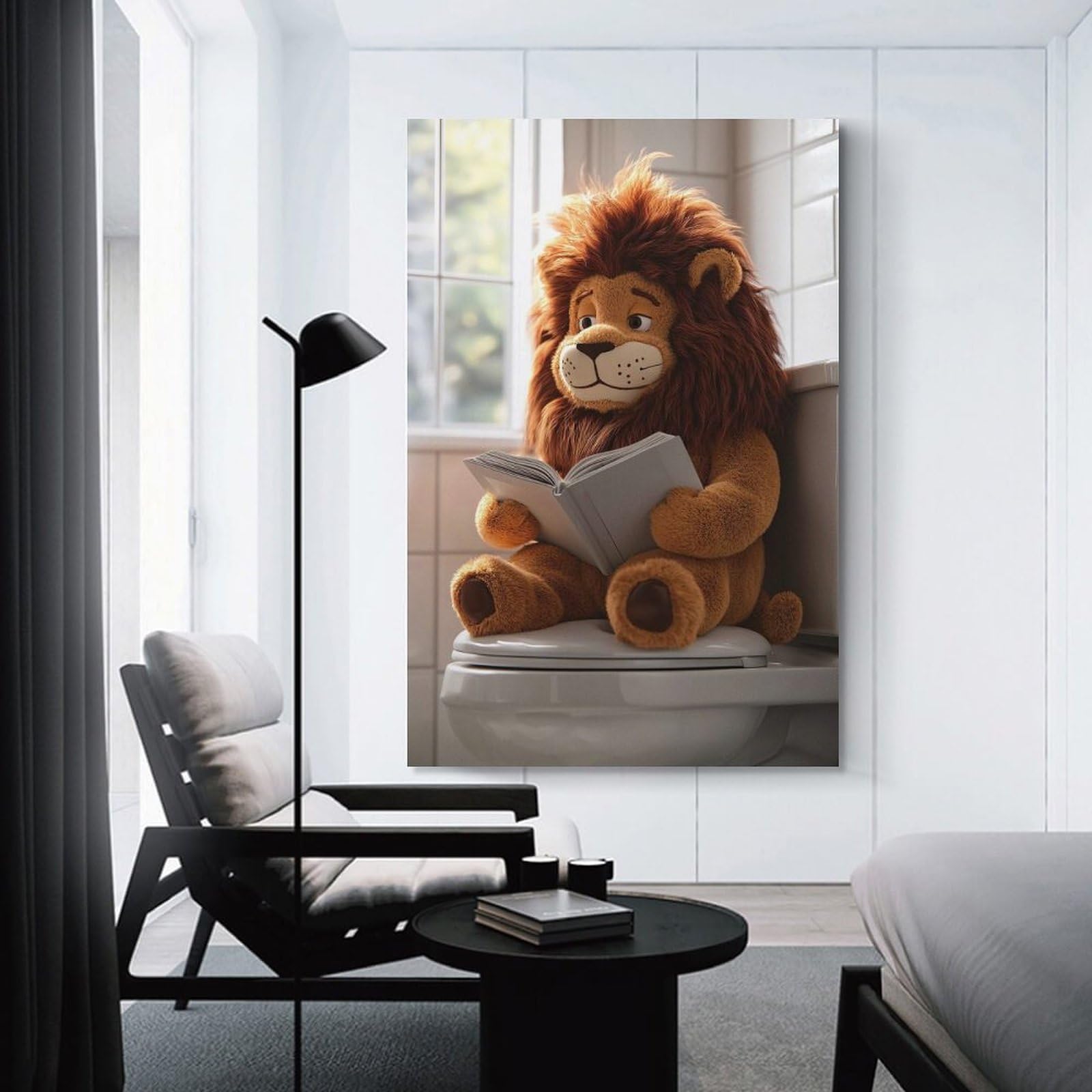 Junmoney Hanging Wall Art Lion Plush Reading on Toilet, 24x36inch(60x90cm), for Wall Displays, Bedrooms Or Room Updates, Wall Decor Suited to Curated Displays