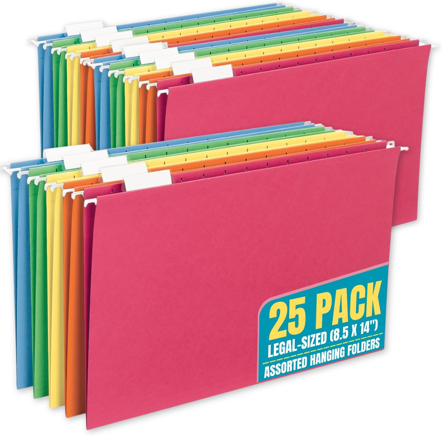 1InTheOffice Legal Size Hanging File Folders, File Folders Hanging with Tabs, Colored Hanging File Folders, 5 1/5 Cut Tab, Reinforced, Assorted Color, 25 Pack