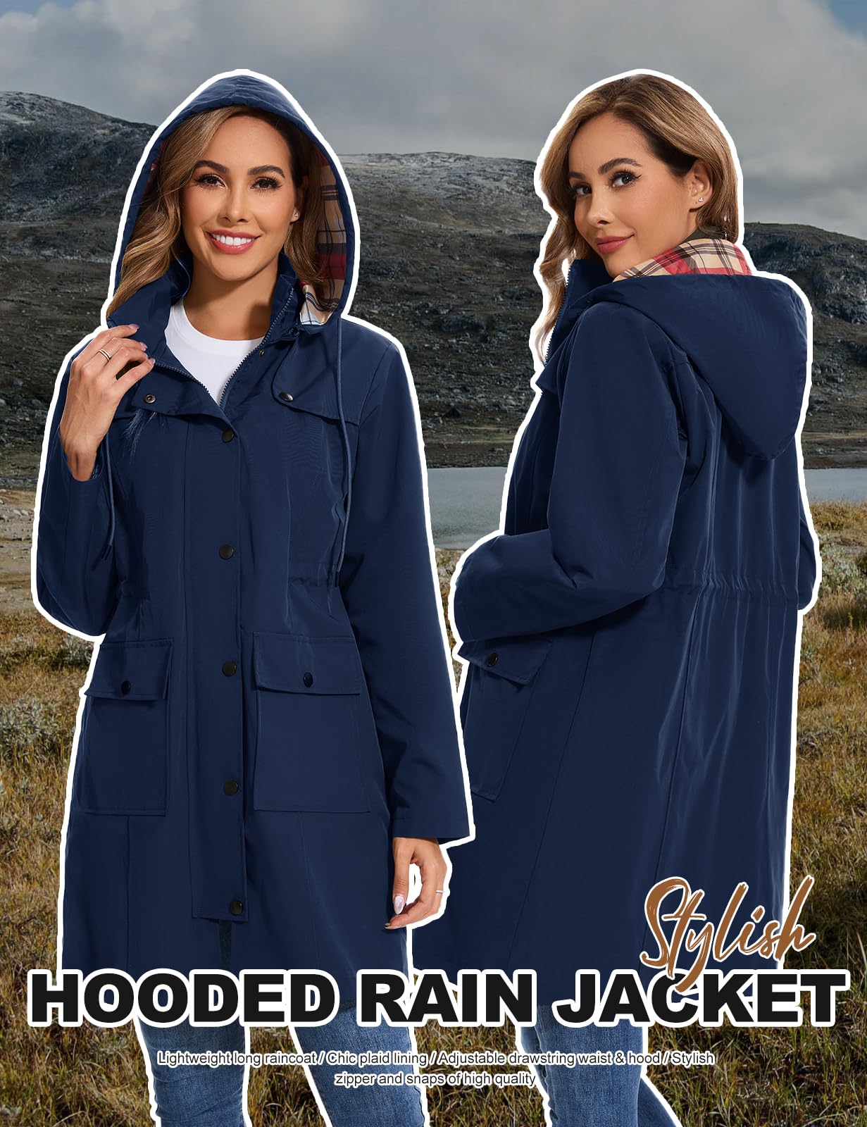 Tuopuda Regenjacke Damen Wasserdichte Übergangsjacke Lange Regenmante Windbreaker Jacke Leicht mit Abnehmbare Kapuze Regenparka Atmungsaktiv für Frühling Sommer Herbst