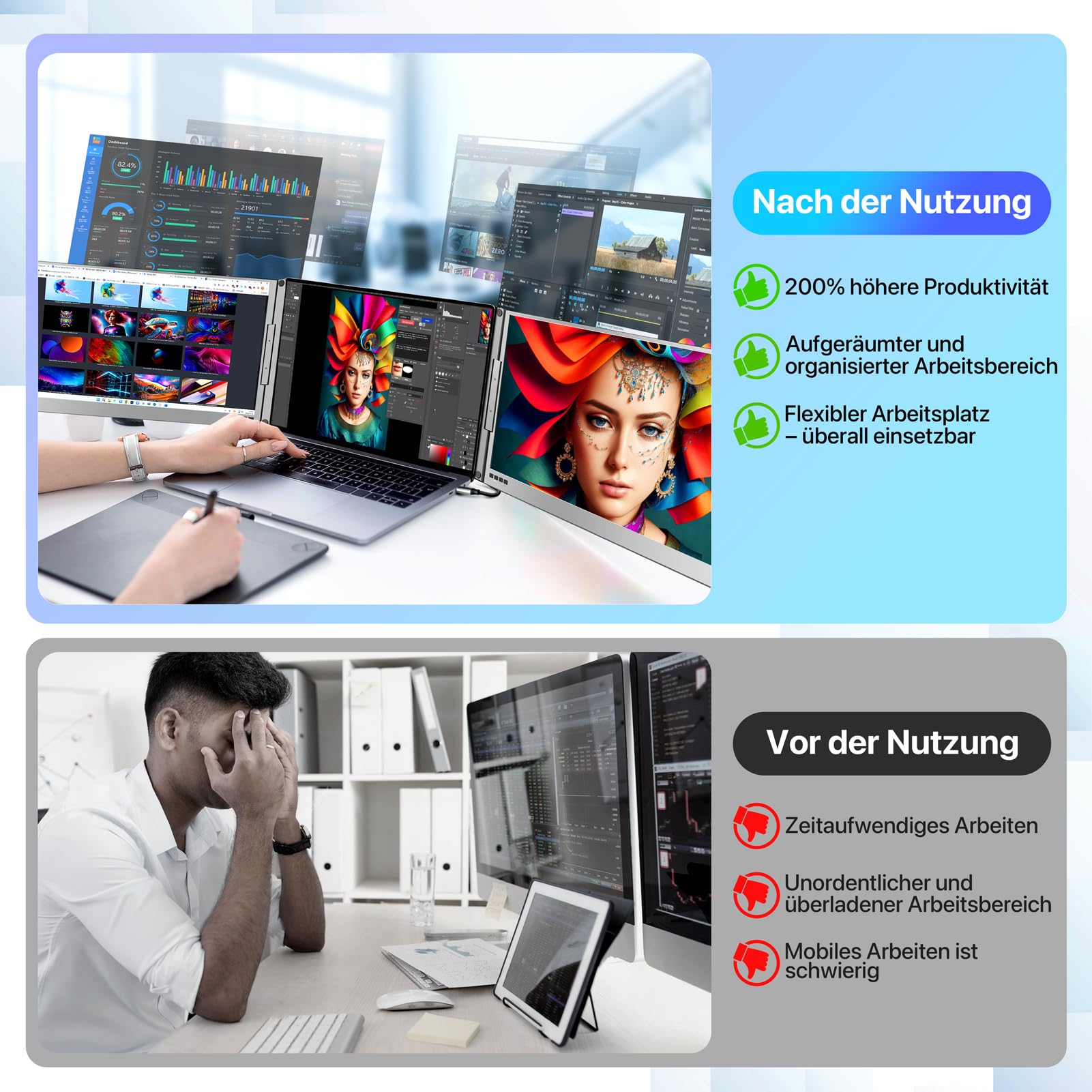 ROADOM 15,6" Dual Laptop Monitor, 1080P FHD IPS, Type-C, Aluminiumlegierung | 2-Bildschirm-Erweiterung, 1080P FHD IPS, Type-C & USB-A, 360° Drehbar, Faltbar, Aluminium, Win/Mac/Android/ChromeOS