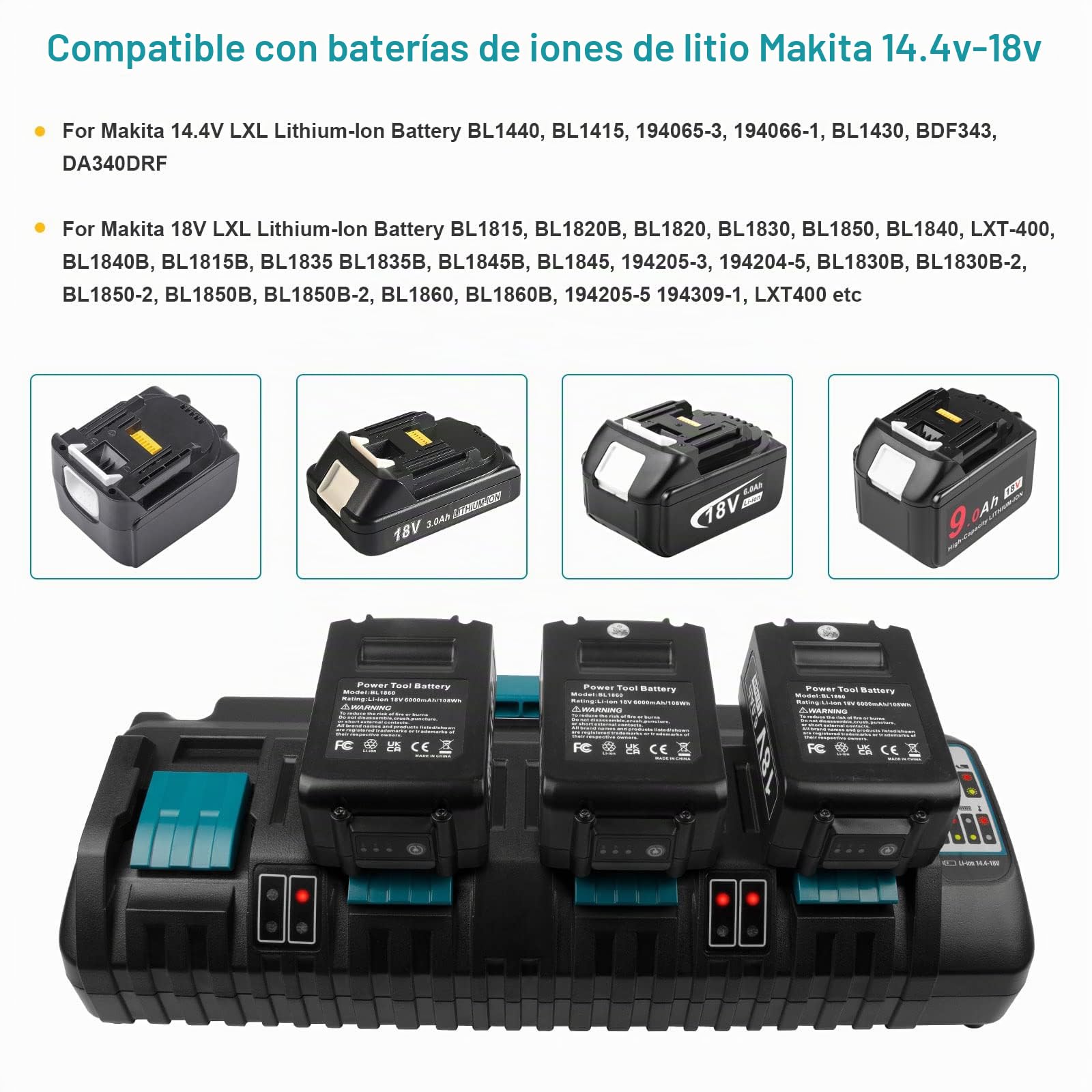DC18SF 14,4V-18V Cargador para Makita Batería ASUNCELL 3A 4 Puertos Cargador de Repuesto para Makita LXT DC18RD DC18RC Li-ion Cargador Rápido BL1415 BL1430 (enchufe europeo 110-230 V)