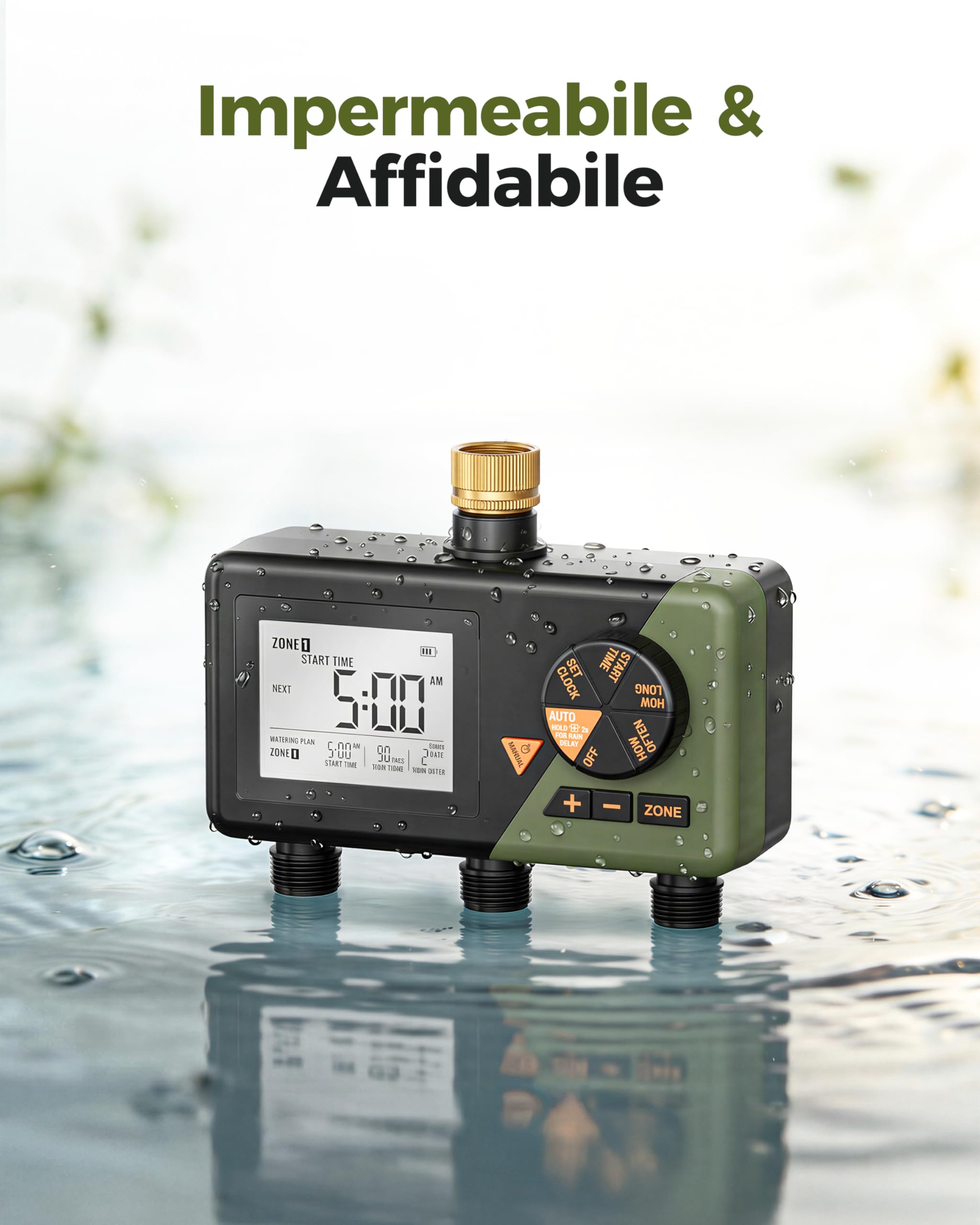 Diivoo Ottone Centralina Irrigazione 3 Vie per Giardino, Prato, Cortile | Ampio Display LCD, Ritardo Pioggia, Irrigazione Manuale