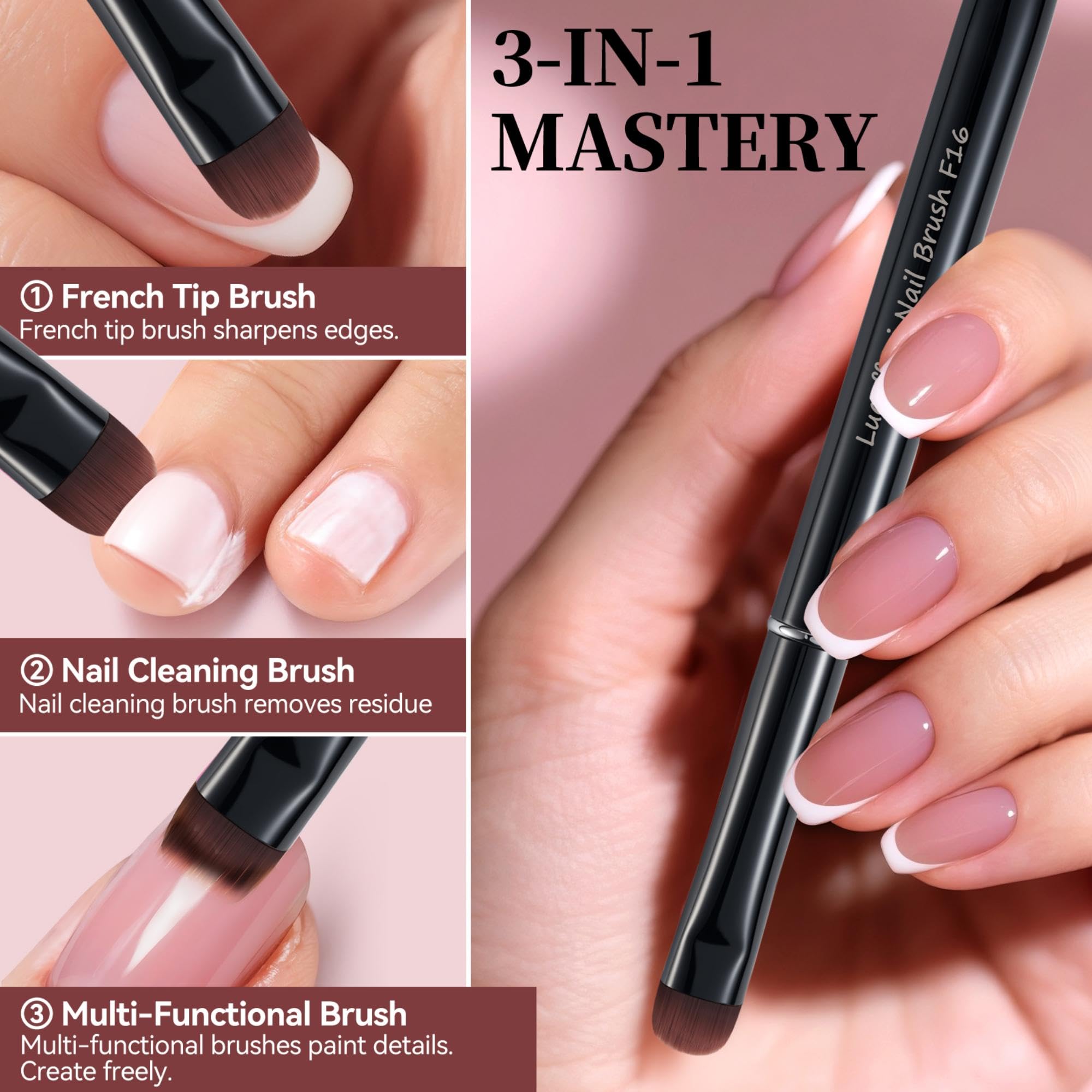 Cepillo de uñas para puntas francesas y esmalte de gel de limpieza, cepillo fino de precisión para acrílico, poligel, cepillo profesional Kolinsky Sable para arte de uñas (negro, F14)