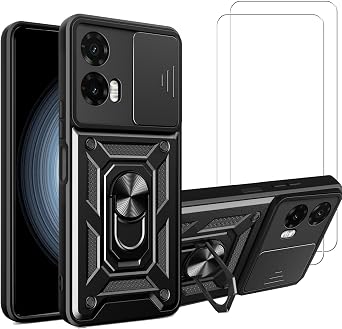 for Motorola Moto G35 5G Case with [2 Pack] Tempered Glass Screen Protector, Moto G35 Heavy Duty Protective Armor,Lens Protects Magnetic Kickstand Holder Phone Case Black