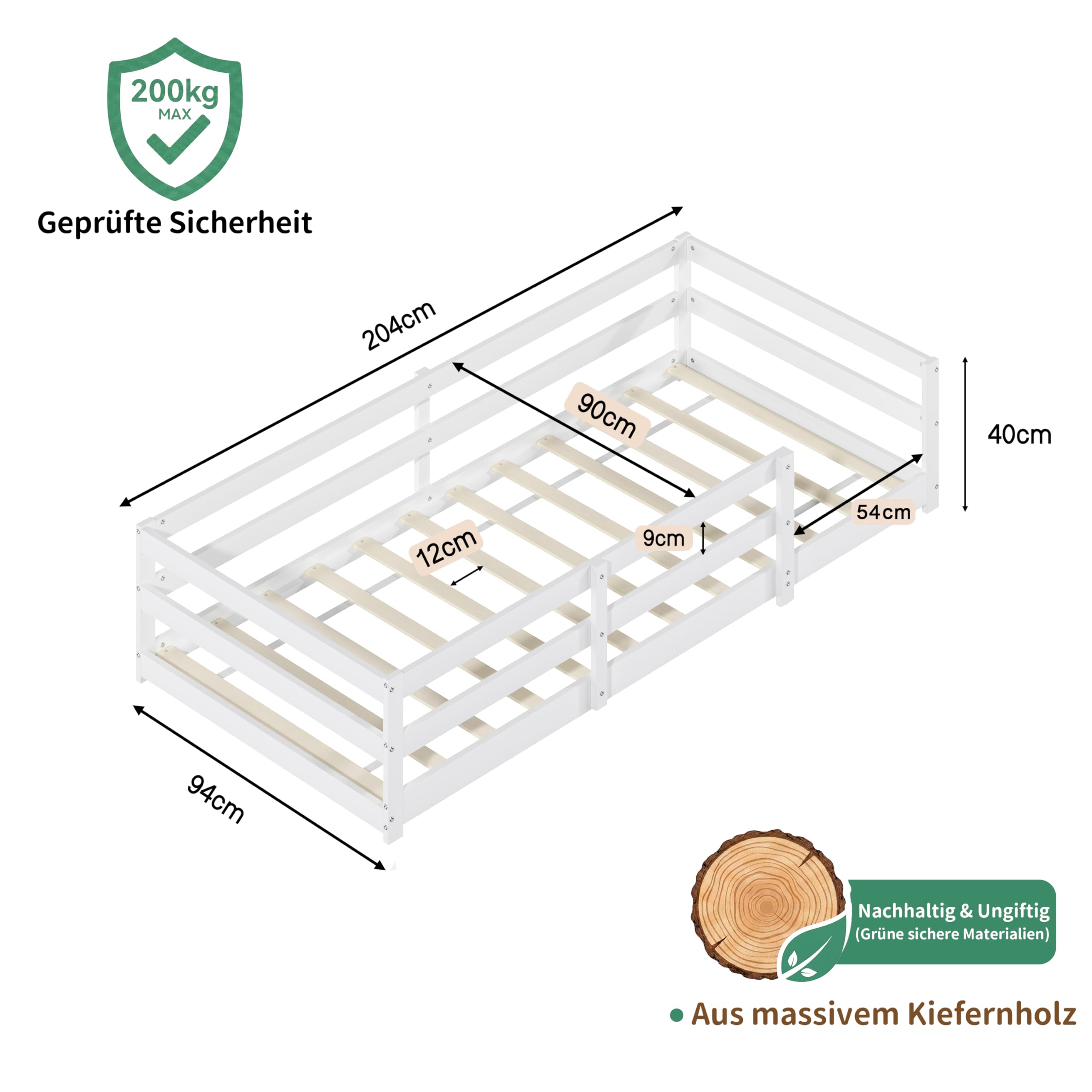 Bodenbett 90x200 cm Kinderbett aus Massivholz mit Rausfallschutz & Lattenrost, Montessori Bett aus Kiefer, Bodenbett Kinder mit offenem Einstieg, Einzelbett in Weiß