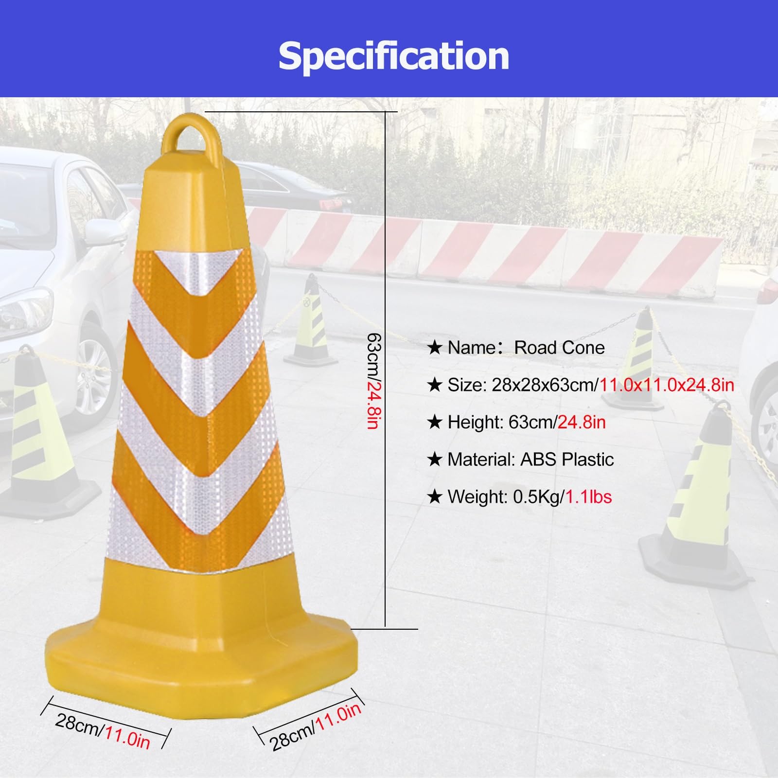 Poteau de stationnement, cônes de signalisation Jaunes en ABS de 63 cm (24,8 po) avec poignée et 2 Tubes de Sable - Cônes de sécurité légers pour la Construction, Le stationnement et la sécu