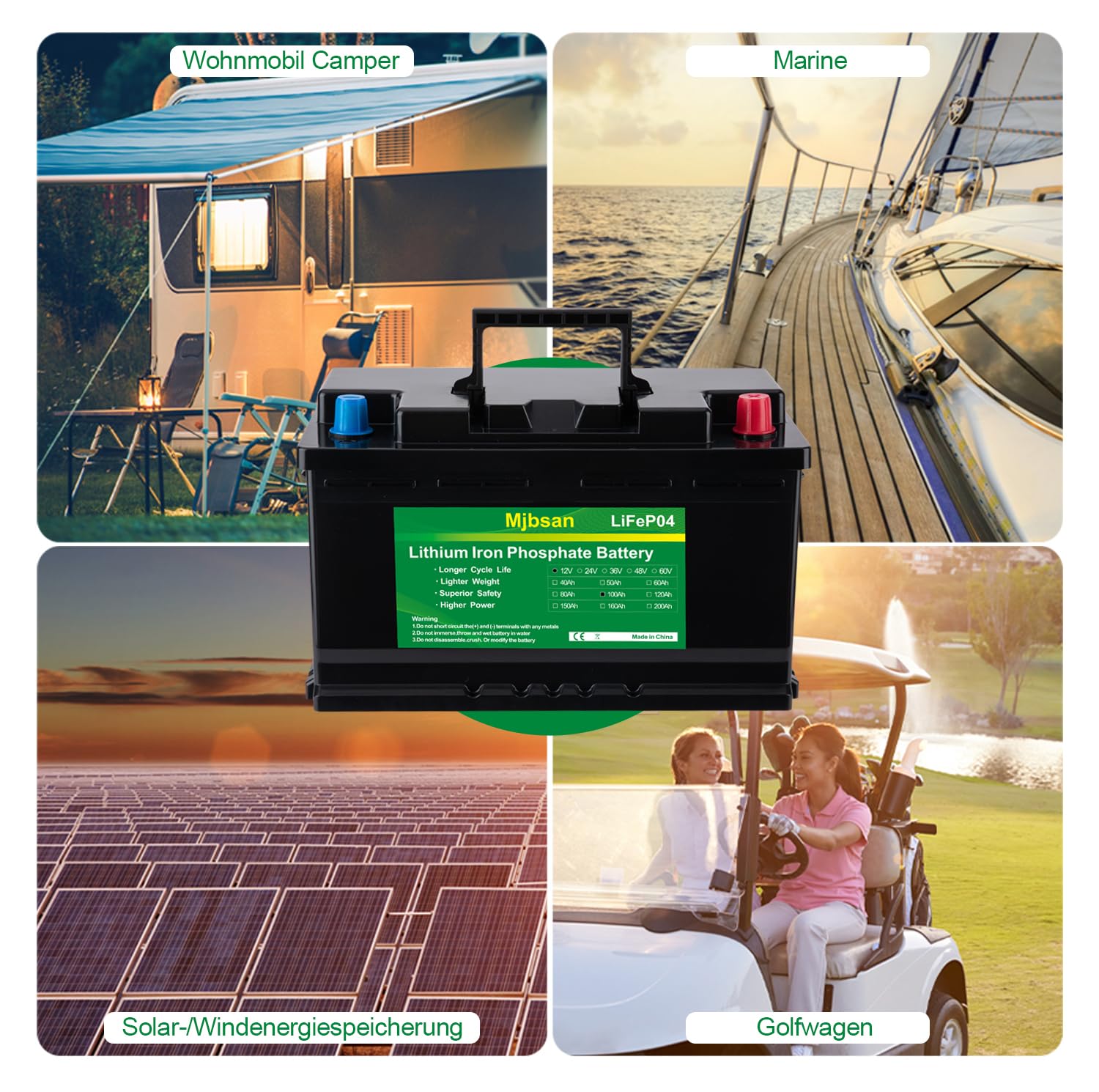 Mjbsan Mini batterie au lithium LiFePO4 12 V 100 Ah avec petite taille et poids léger, cellules BMS 100 A et classe A intégrées, 4000-15000 cycles avec 10 ans pour camping-car, solaire, bateau et