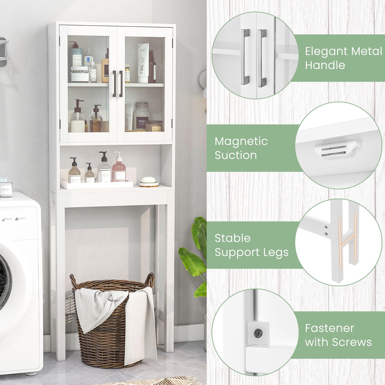 GOPLUS Toiletrek met plank, toilet bovenbouwkast, badkamerrek, hoge kast, badkamerregal met opbergruimte, wasmachinekast, 169 x 57 x 20 cm (Wit
