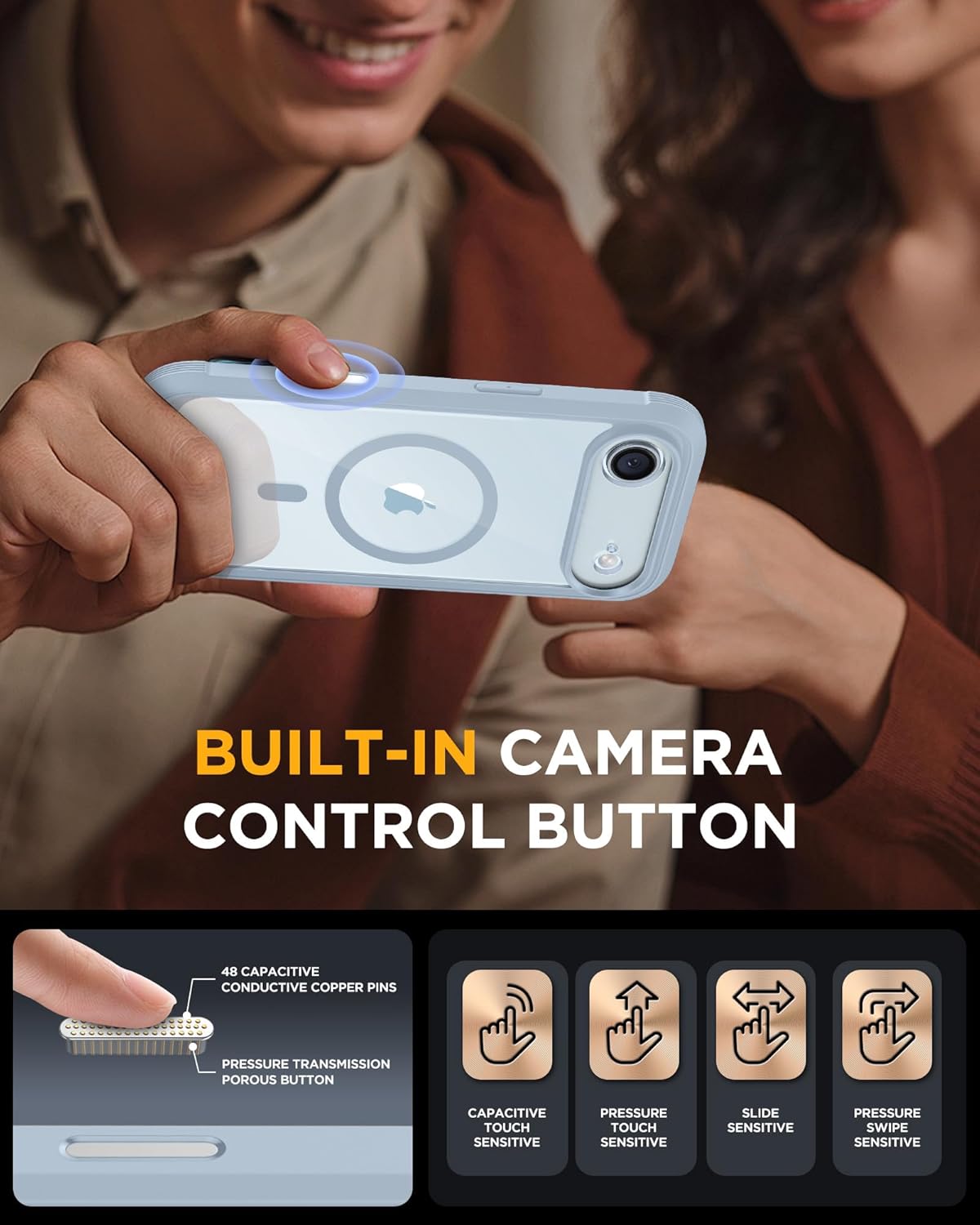 miracase magnetic for iphone air case 6.5" [compatible with magsafe] full-body phone case with built-in glass screen protector & camera control,drop proof iphone 17 air case cover, light blue iphone air magnetic light blue