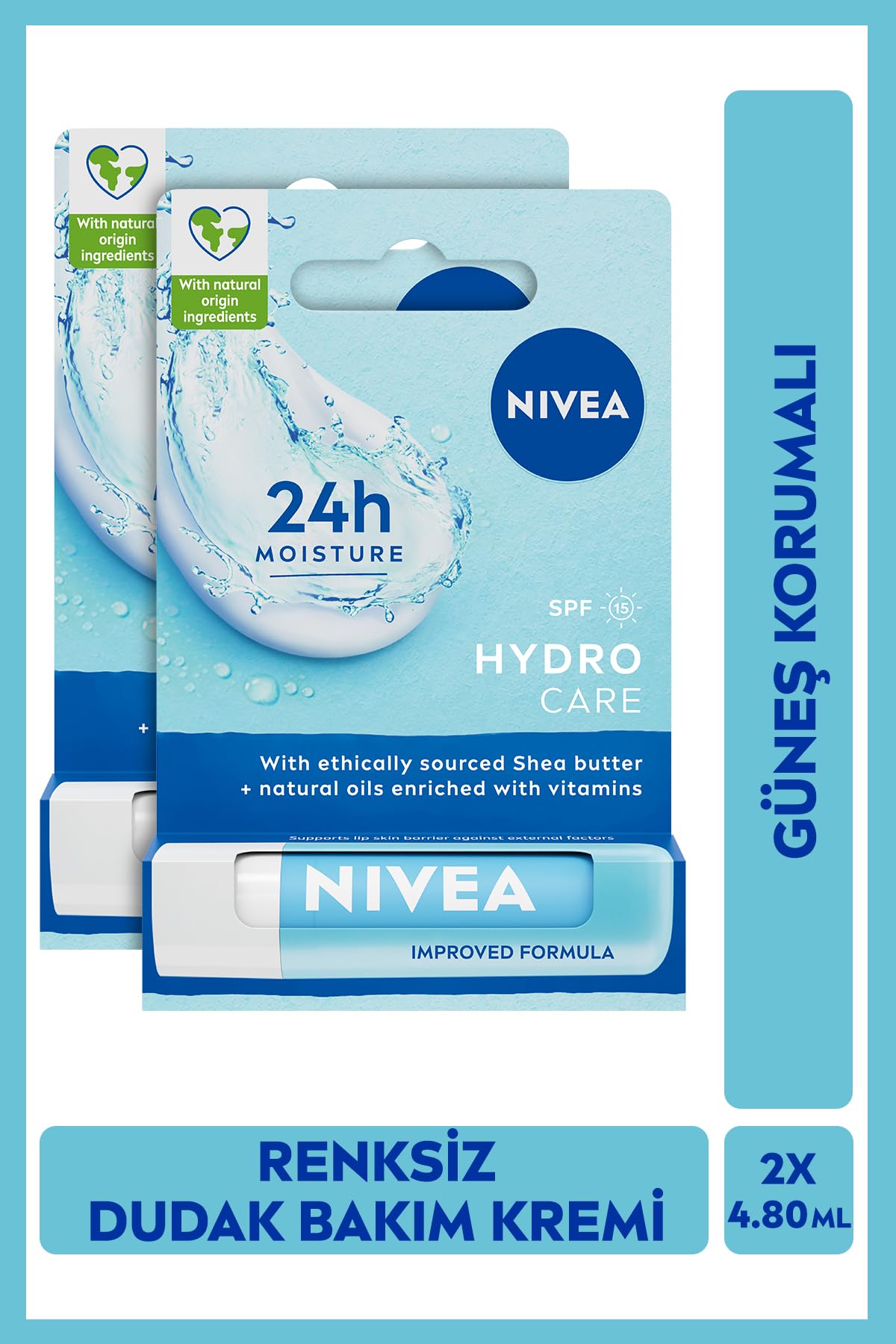 NIVEA Hydro Care Dudak Bakım Kremi, SPF 15, 4.8gr, 2 Adet