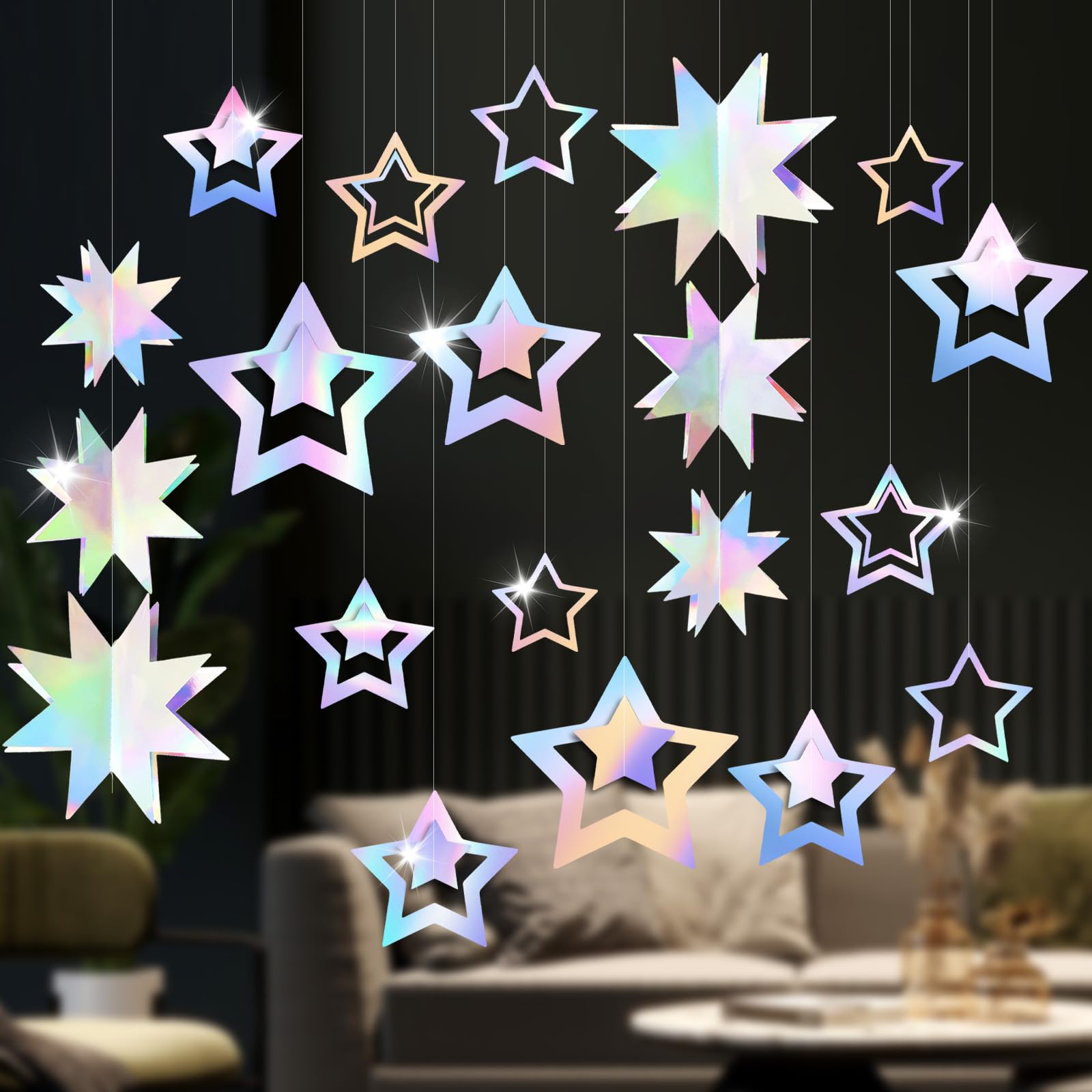 BLMHTWO Star Party Decoration Kit, Holographic 3D Laser Hanging Star Streamers Banner Iridescent Twinkle Little Stars Garlands Backdrop Banner for Birthday, Graduation, Wedding