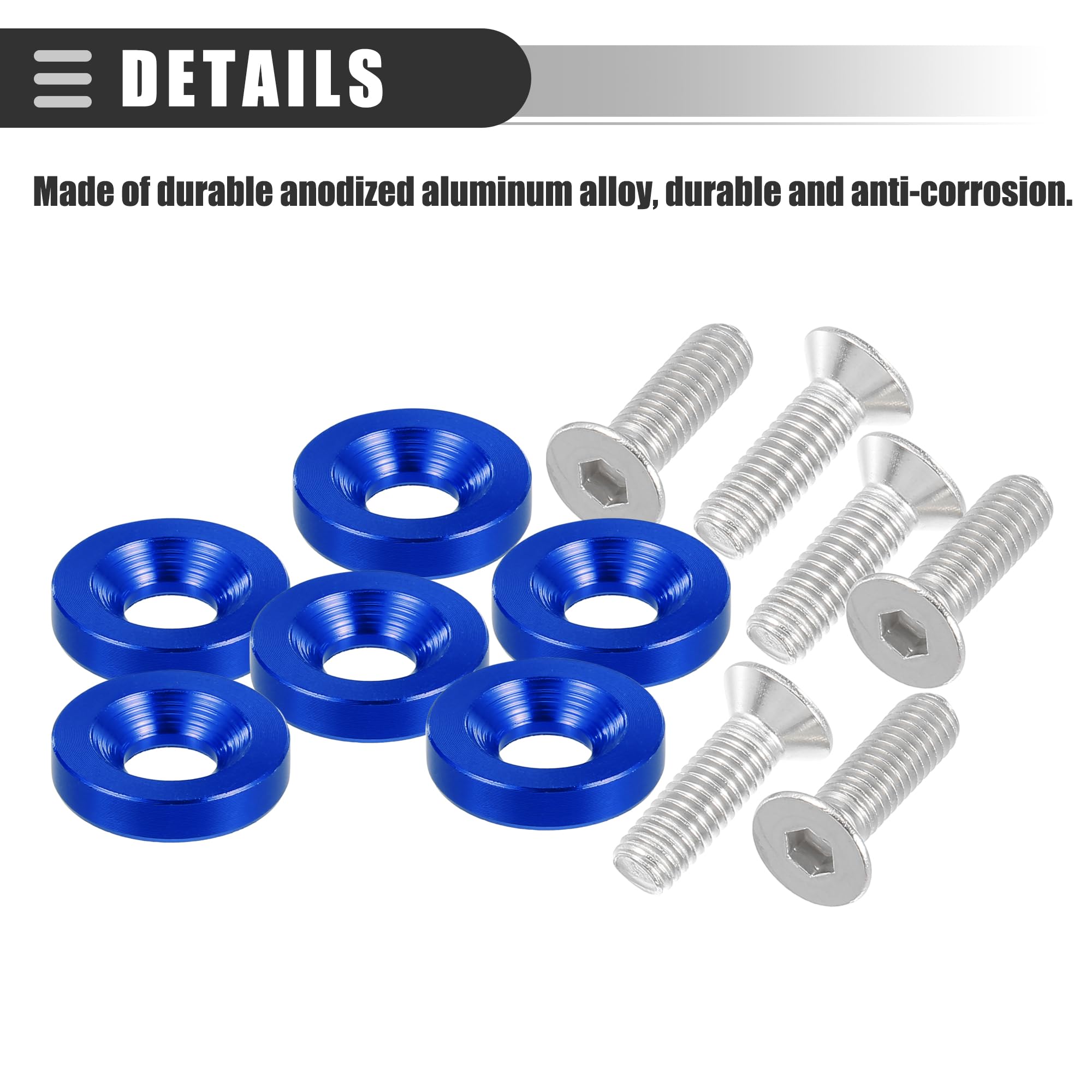 Motoforti Rondelle di Finitura Universali a Testa Svasata per Parafanghi, paraurti, Kit di Fissaggio per Motociclette, M6, Lega di Alluminio, Blu, 6 pezzi