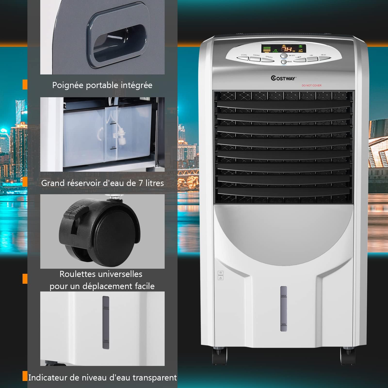 RELAX4LIFE 5 en 1 Rafraîchisseur d'Air Mobile Silencieux | Froid/Chauffage/Vent/Déshumi/Purification | Climatiseur Mobile sans Évacuation | Réservoir 7L | Oscillation | 3 Vitesses | Mini Clim Portable