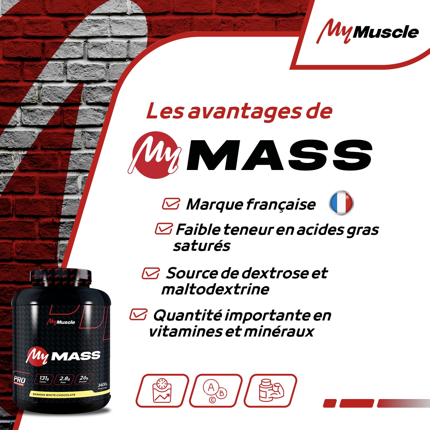 My Mass - Hard Gainer en Poudre - Prise de Masse Musculaire - Banana White Chocolate 3,4kg - 19 Portions