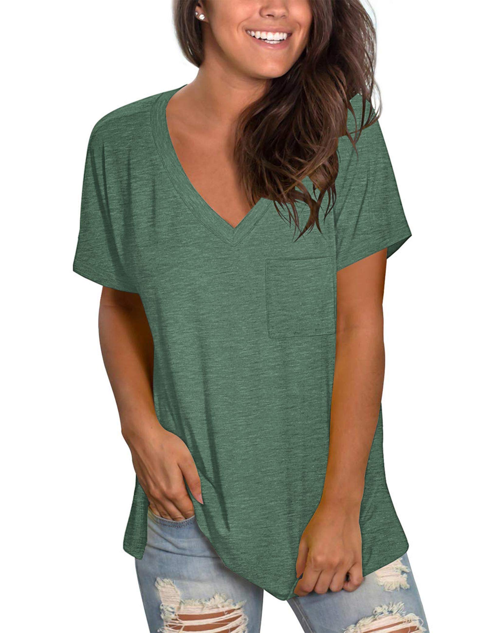MOLERANI Basic T Shirts for Women Short Sleeve Loose Fit Tshirts Flowy Tops Blouses Green M
