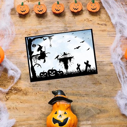 Miniatura 5 de Threetols Marco de árbol de Halloween, sellos transparentes para hacer tarjetas, telaraña de espantapájaros, sellos de goma transparente, sellos de