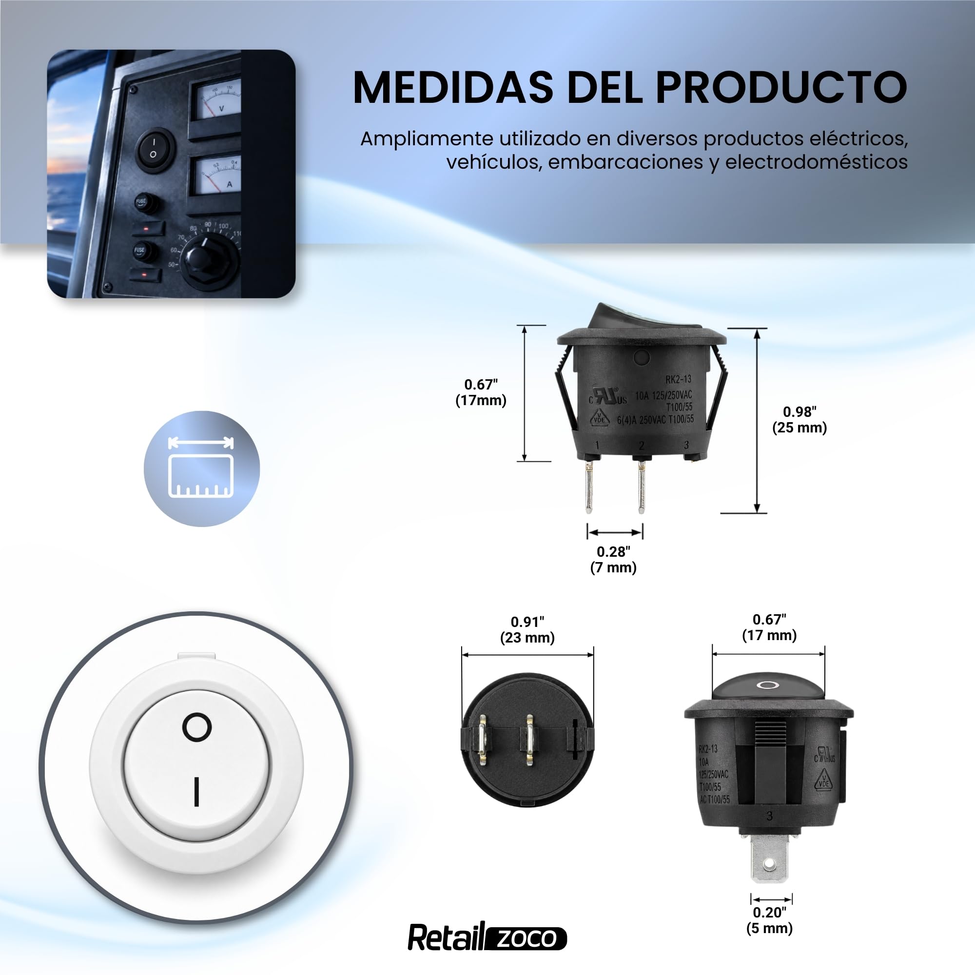 Interruptor Redondo Basculante SPST ON/OFF 2 pin, 5 Unidades - imagen 5