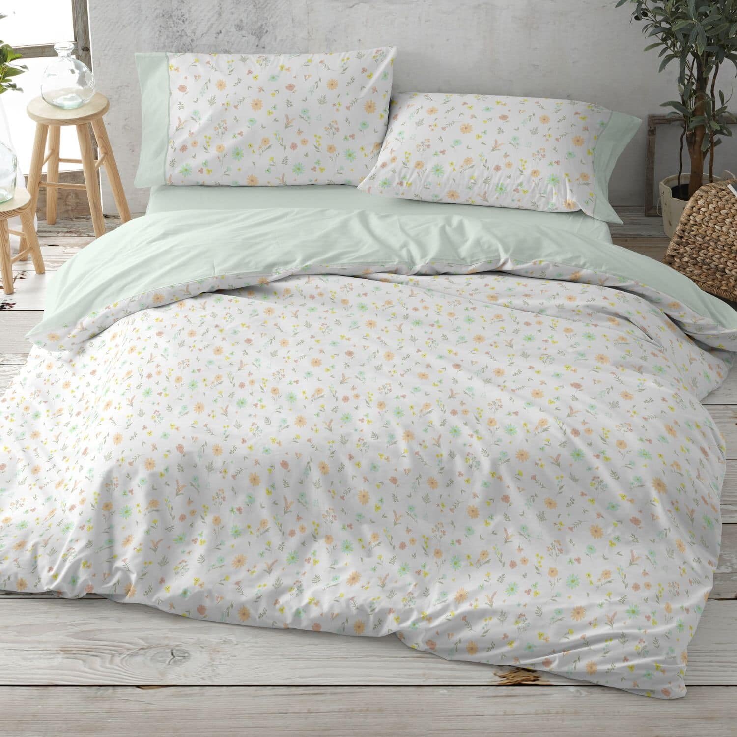 Burrito Blanco | Funda Nórdica Estampada Algodón Mezcla Cama 150-160 Menta | Incluye Bajera y 2 Fundas de Almohada | 50% Algodón 50% Poliéster | 144 Hilos | Tacto Suave | Larga Duración