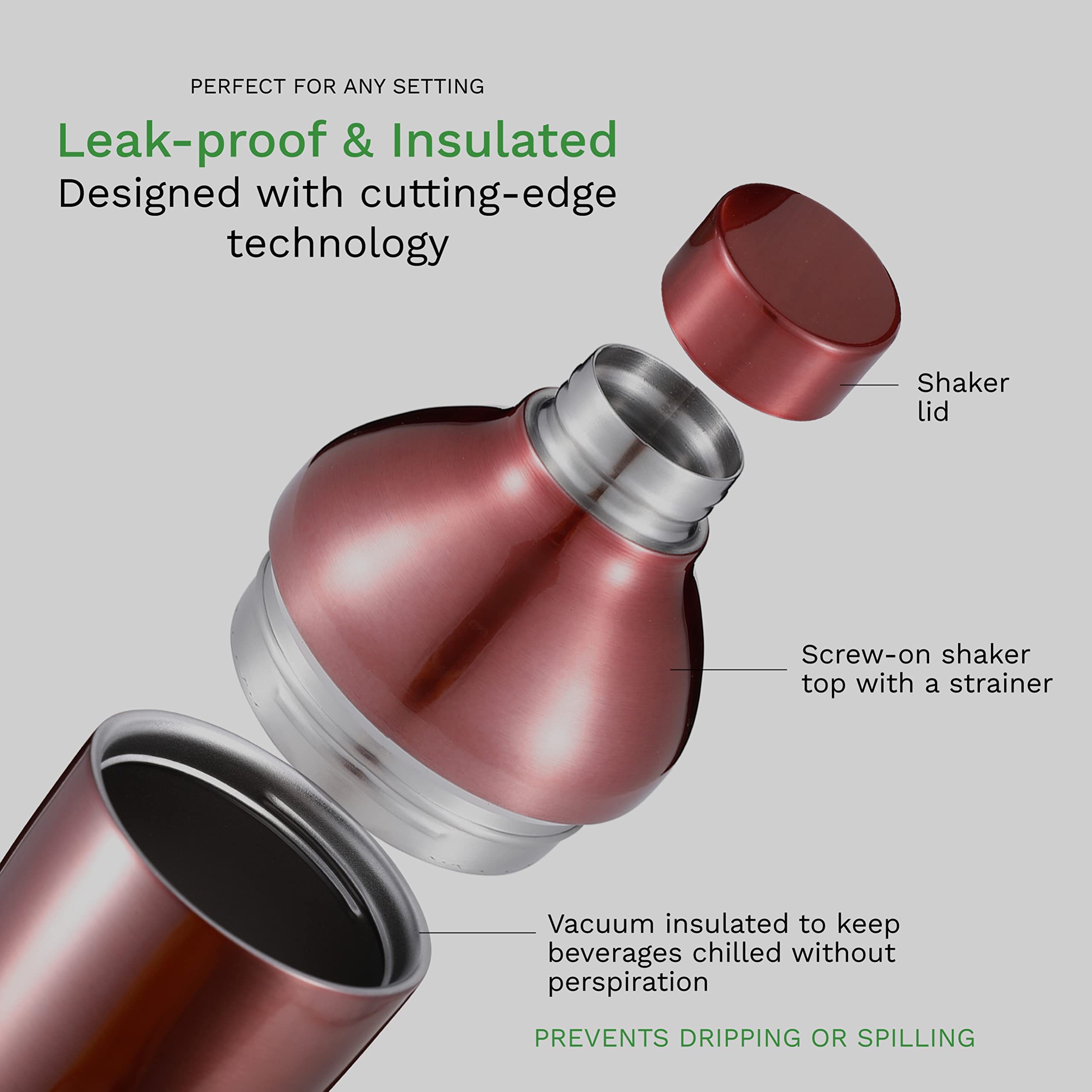 The Mixologer Coctelera y vaso | Mezclador de bebidas de acero inoxidable de 19 onzas con medidas integradas, diseño a prueba de fugas y aislamiento al vacío | Ideal para mezclar whisky, cócteles y