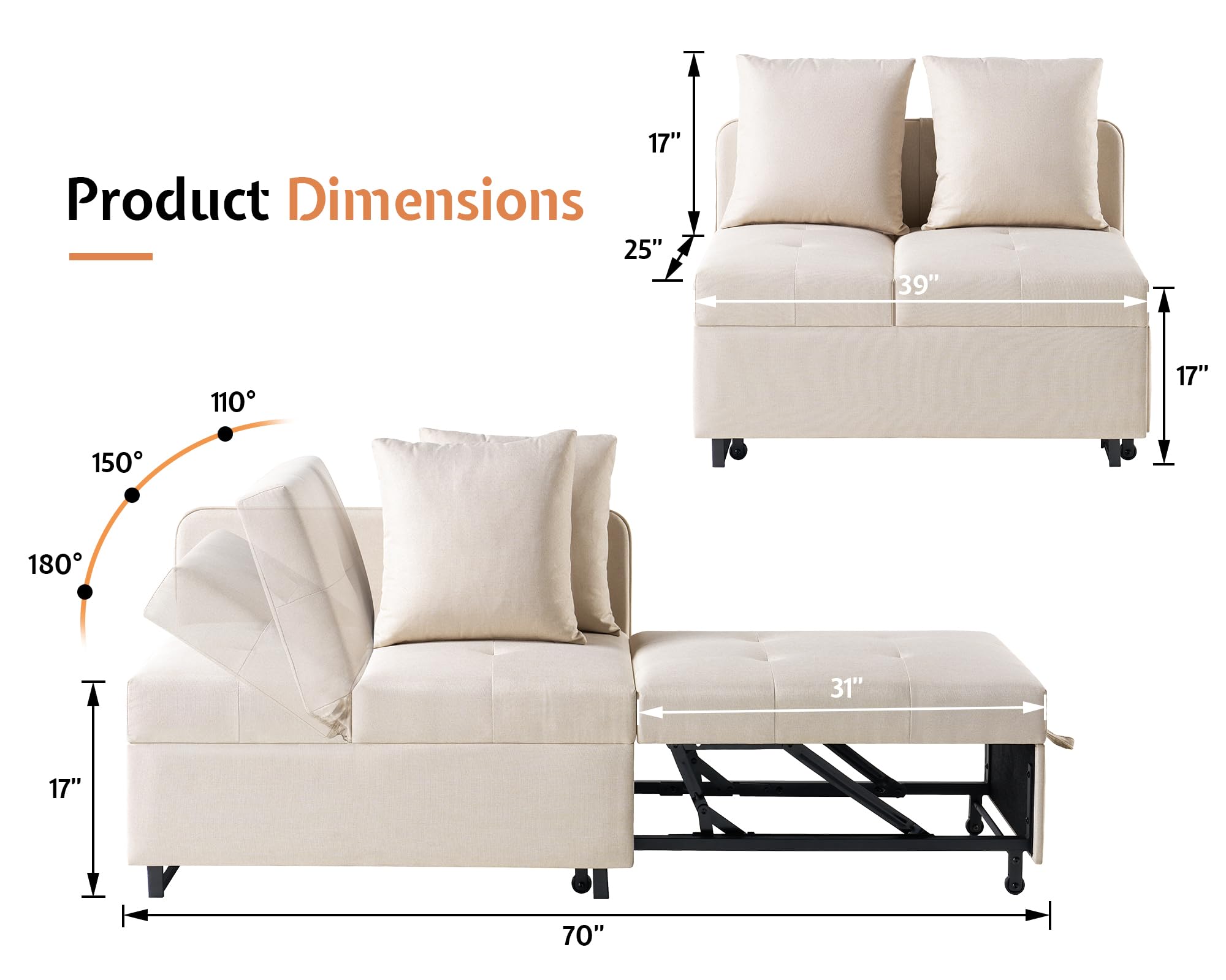 Jocisland 3-in-1 Convertible Sleeper Sofa Chair - Adjustable Backrest Loveseat Bed For Small Spaces, Linen Beige - View #3
