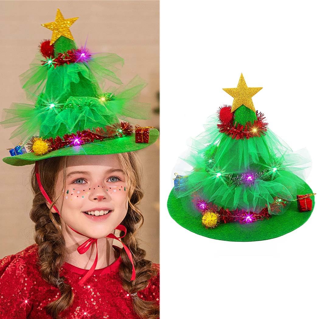 Sixexey Light Up Christmas Hats LED Christmas Tree Hat Xmas