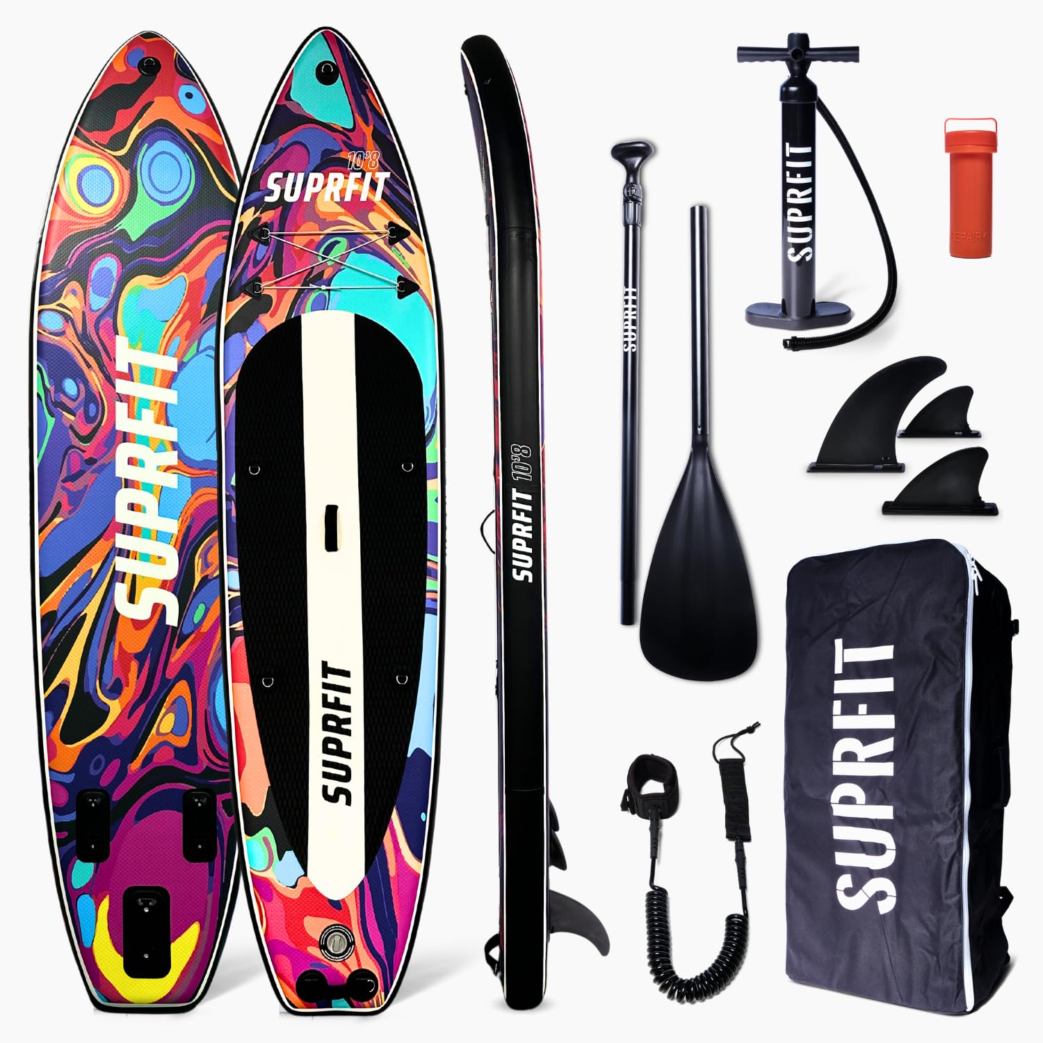 Suprfit SUP Board Water Marble | All in One Set: SUP Board, Hochwertiger Rucksack, Teleskop Paddel, Double-Action Luftpumpe, Leash, Slide-In Finnen Set, Reparatur Set