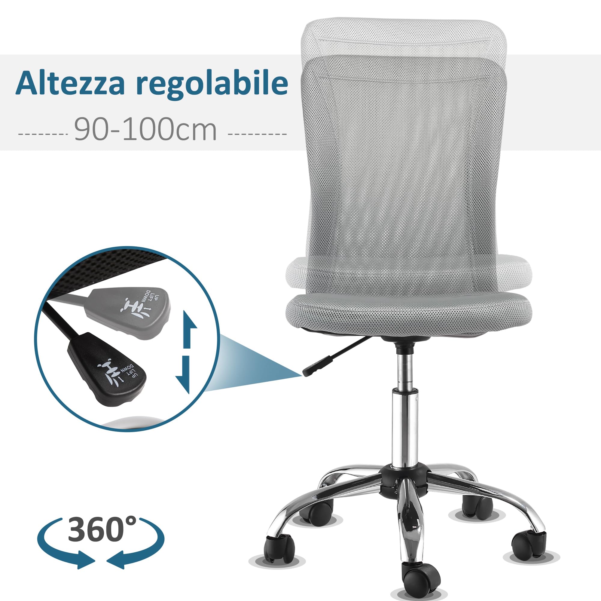 Vinsetto Sedia da Ufficio Ergonomica Senza Braccioli, Sedia per Scrivania in Tessuto Traspirante a Rete, Altezza Regolabile e 5 Ruote, 43x58x90-100 cm, Grigio