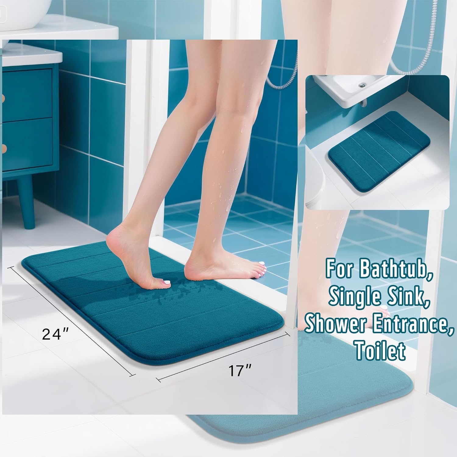 Yimobra Memory Foam Bath Mat, Super Soft Absorbent Bathroom Rug Non Slip, Quick Dry, Machine Washable Floor Carpet for Tub Shower, Home Decor Accessories, 24x17, Peacock Blue - Image 3