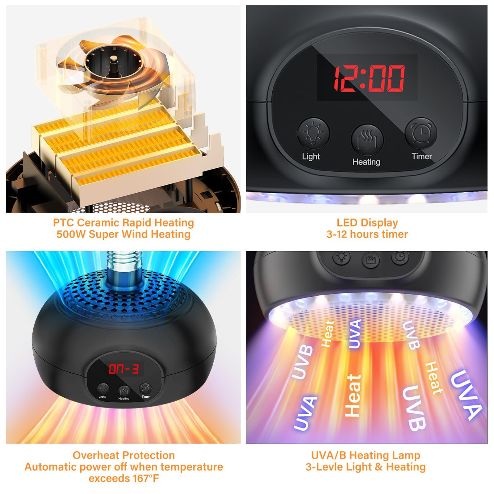 testyu Lampade Riscaldanti per Pollaio, Lampada Riscaldante da 200 W-350 W-500 W per Rettili con Luce UVA/UVB 3-6-9-12H Timer, Lampada Riscaldante Portatile per Serre, Rettili, Cani e Gatti