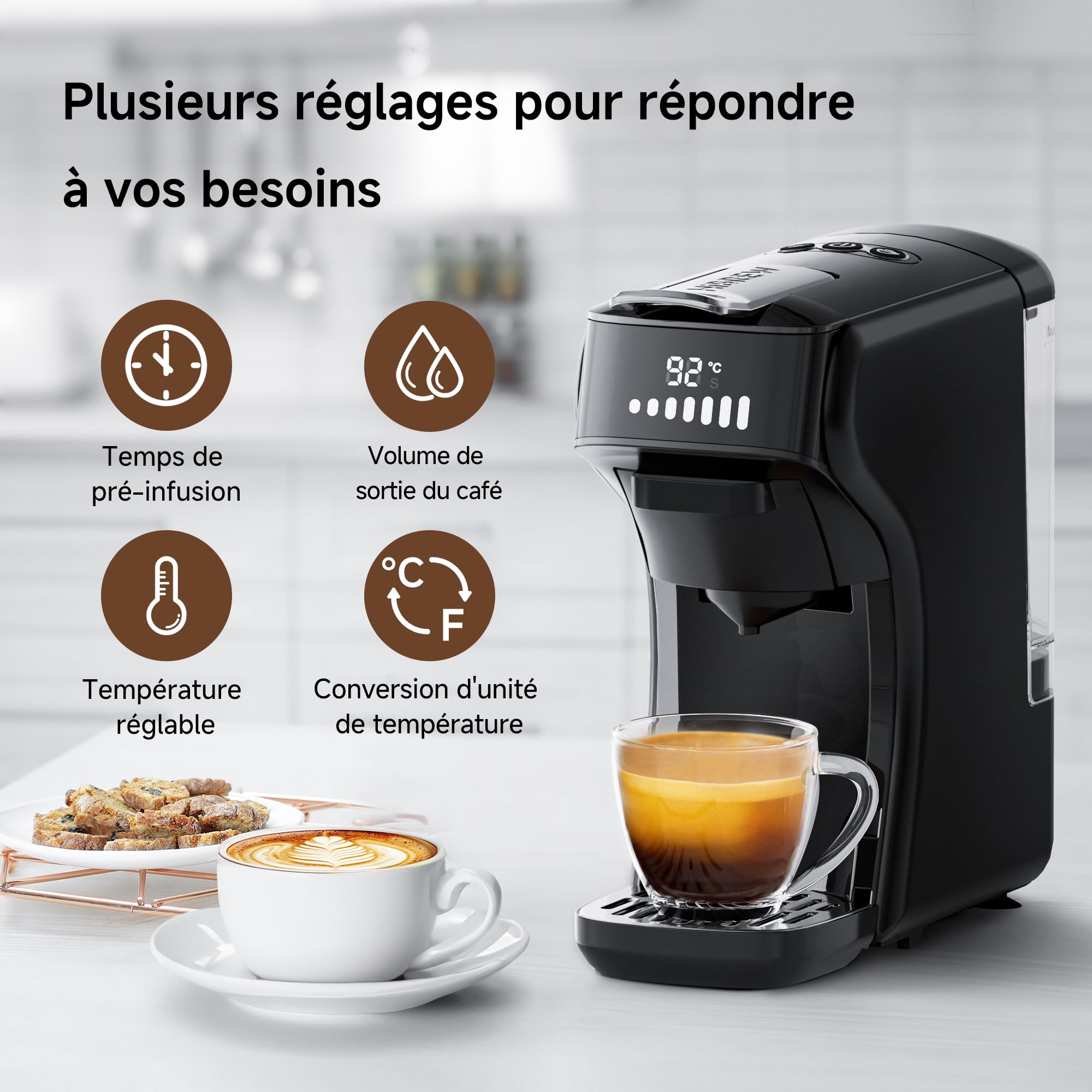 HIBREW H1B Machine à Café à Capsules 6-en-1 | Compatible Ns*/DG*/ Es*/Kcup*/Café Moulu, Bouton Unique Infusion Chaude et Froide, Température et Quantité Réglable (Noir)