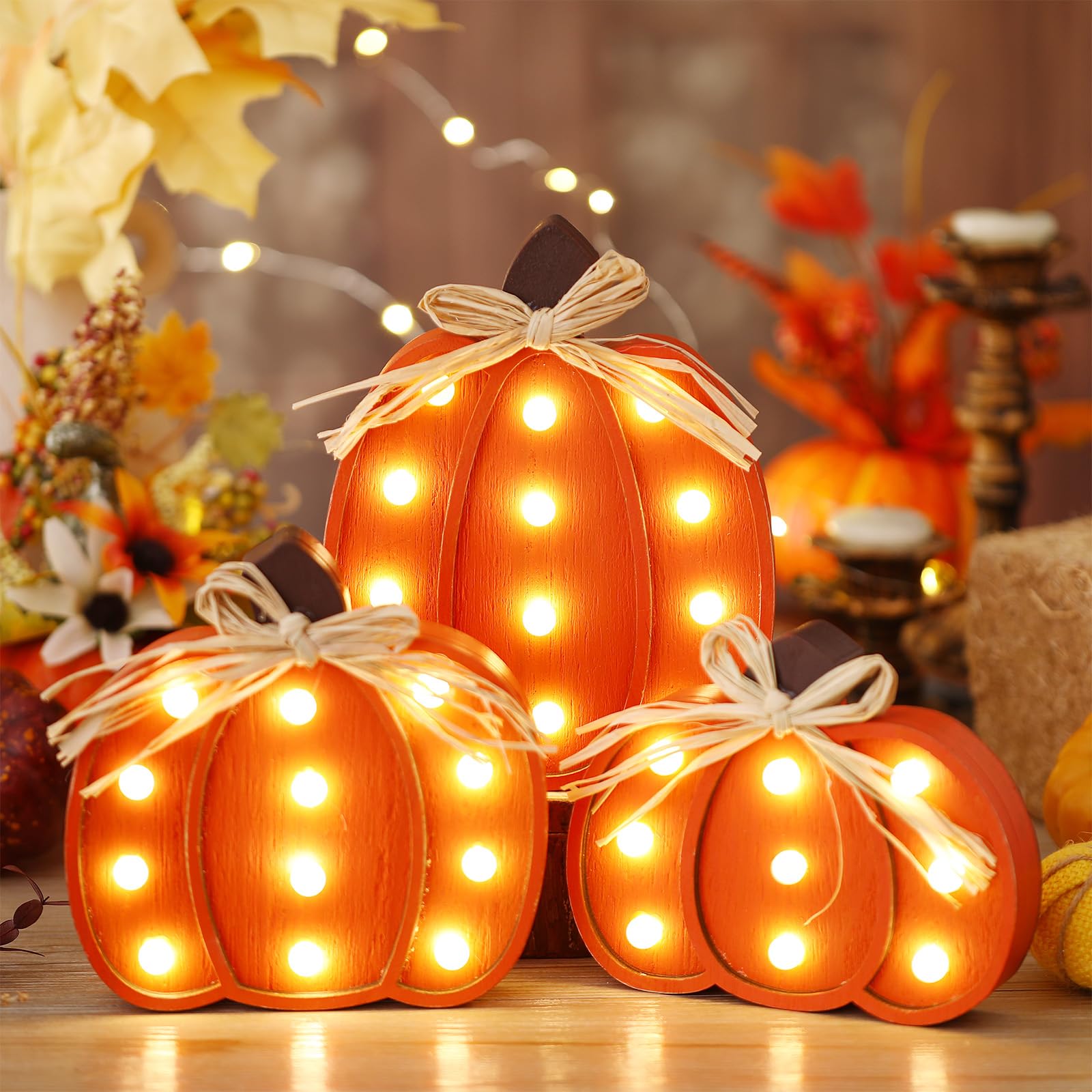 Panneaux lumineux en bois citrouilles d'automne pour sublimer votre centre de table de Thanksgiving