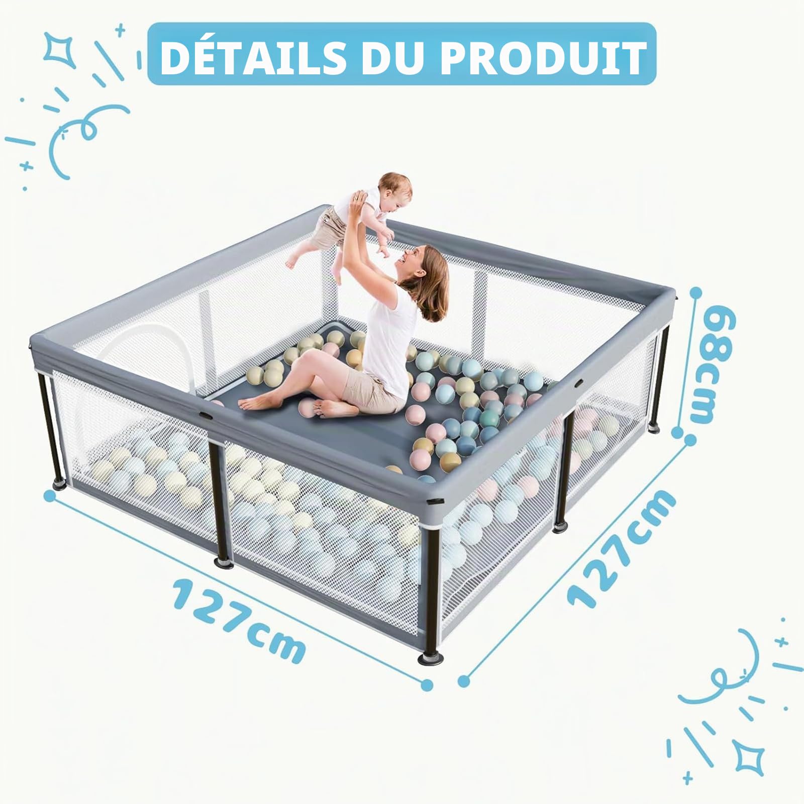 Parc pour bébé avec matelas, intérieur et extérieur, parc pliable, avec 50 balles d'océan (gris, 127 x 127 cm)