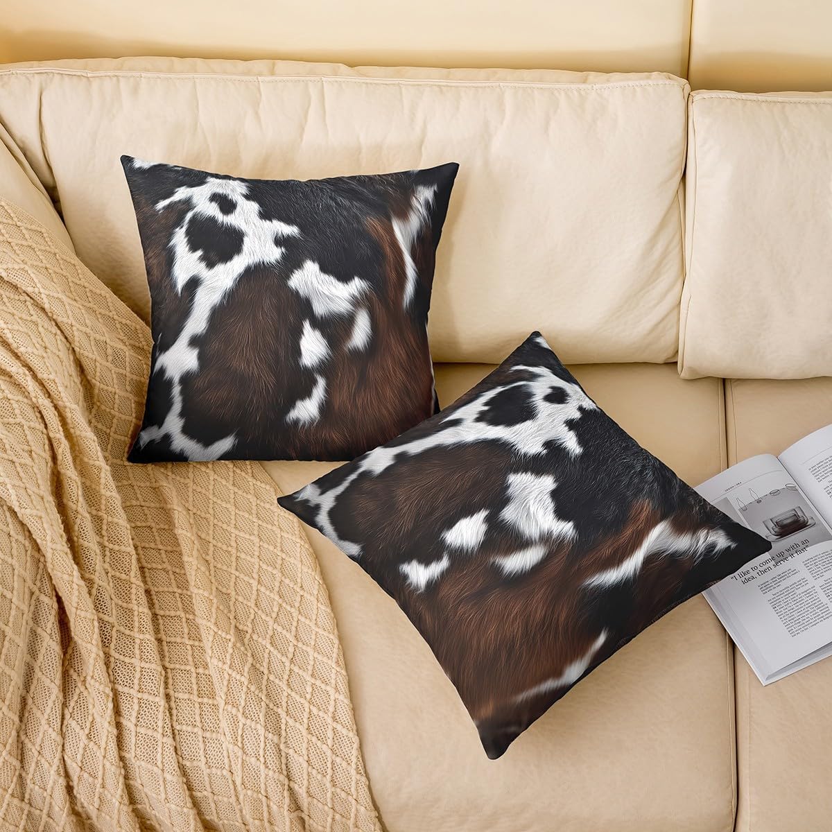 Cow Fur Printed Throw Pillow Covers 24"x24" Set of 2 Farmhouse Cowhide Print Cow Skin Pillow Cases Cushion Covers for Living Room Bedroom Rustic Wild Animal Decorative Throw Pillowcases for Sofa Couch