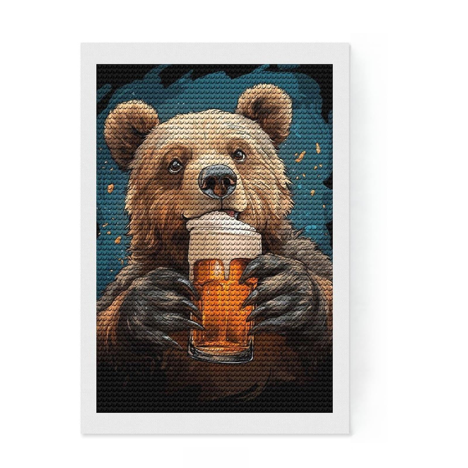 Junmoney Bear Drinking Beer Diamond Art Kit 8"x12", for Craft Lovers, Satisfying Creative Project, Birthday Gift, Home Wall Decor