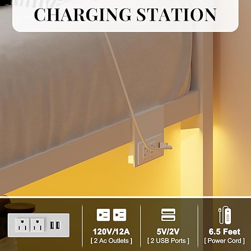 Miniatura 6 de Base de cama individual con estación de carga y luces LED, marco de cama de plataforma de metal blanco con listones de acero resistente, cabecero y