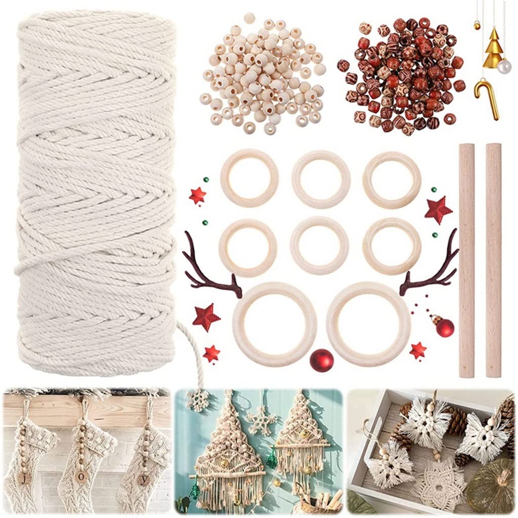 Lot de 200 cordes en macramé naturel 3 mm x 100 m, 2 bâtonnets en bois, 8 anneaux en bois, 200 perles en bois pour bricolage