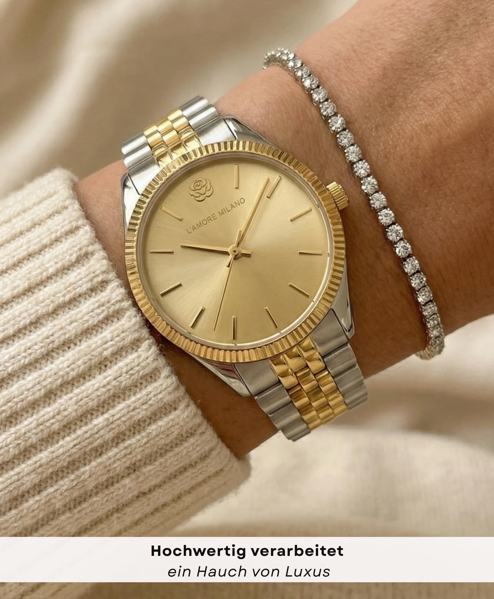 L'AMORE MILANO Damenuhr Weihnachten Frauen - Hochwertige Armbanduhr Damen in Rosenbox - Geschenke für Freundin, Mama - 32mm Damen Uhr Gold