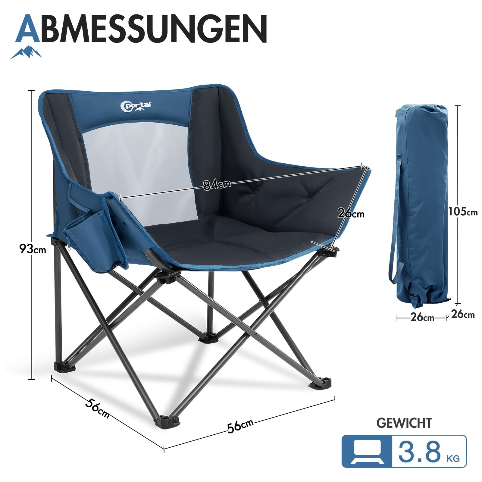 Portal Campingstuhl Faltbar Klappstuhl Camping Klappbar Super Weich 150kg Belastbar Faltbarer Angelstuhl XXL mit Armlehnen