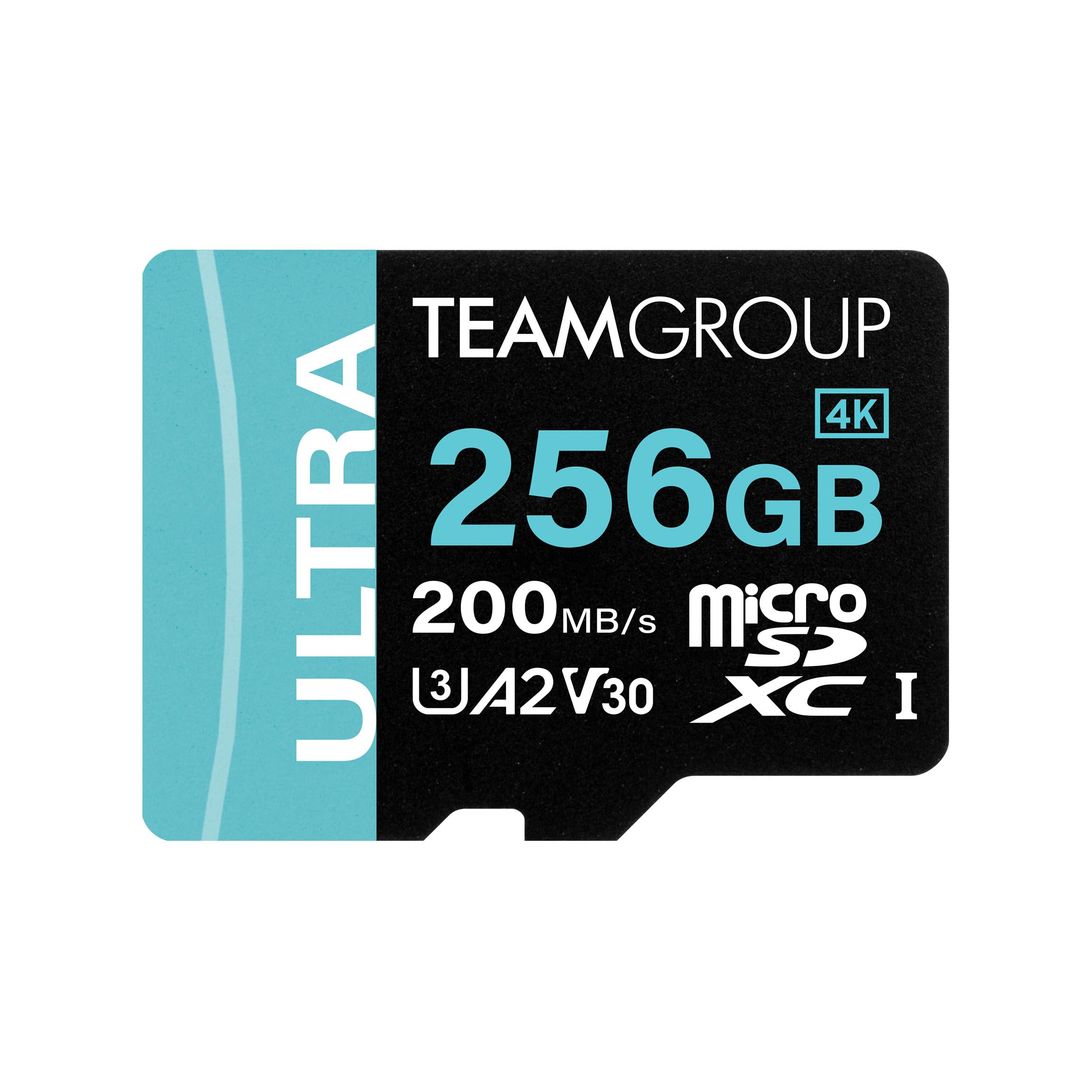 TEAMGROUP Tarjeta A2 Ultra de 256 GB Micro SDXC UHS-I U3 A2 V30, R/W hasta 200/150 MB/s con Adaptador TULMSDX256GIA2V3022503