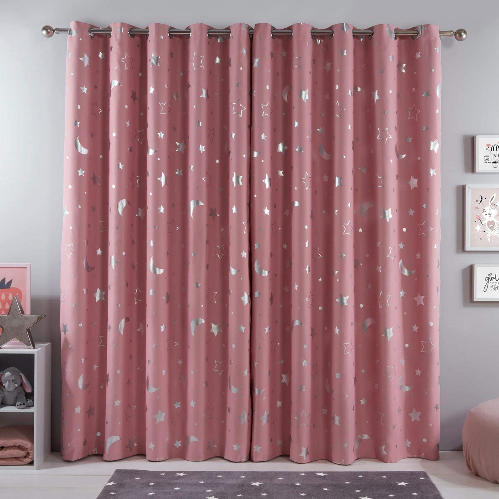 Freyamy Vorhang Blickdicht Rosa Mond Sternenvorhänge 2 Stück,130x100cm (HxB) Niedliche Vorhänge mit Ösen Lichtundurchlässig thermovorhang kälteschutz Gardinen Lärmschutz für Kindervorhänge