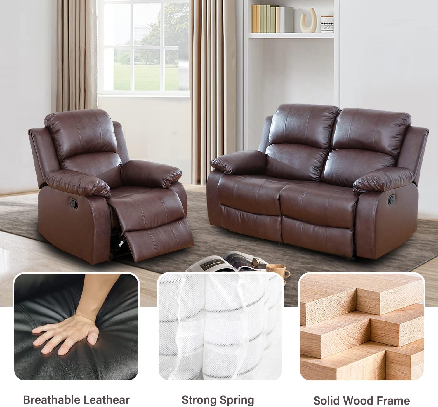 2 Piece Living Room Furniture Set, Leather Recliner Loveseat and Chair Set,Recliner Couch for Home Office Apartment（Chair and Loveseat Set,Brown