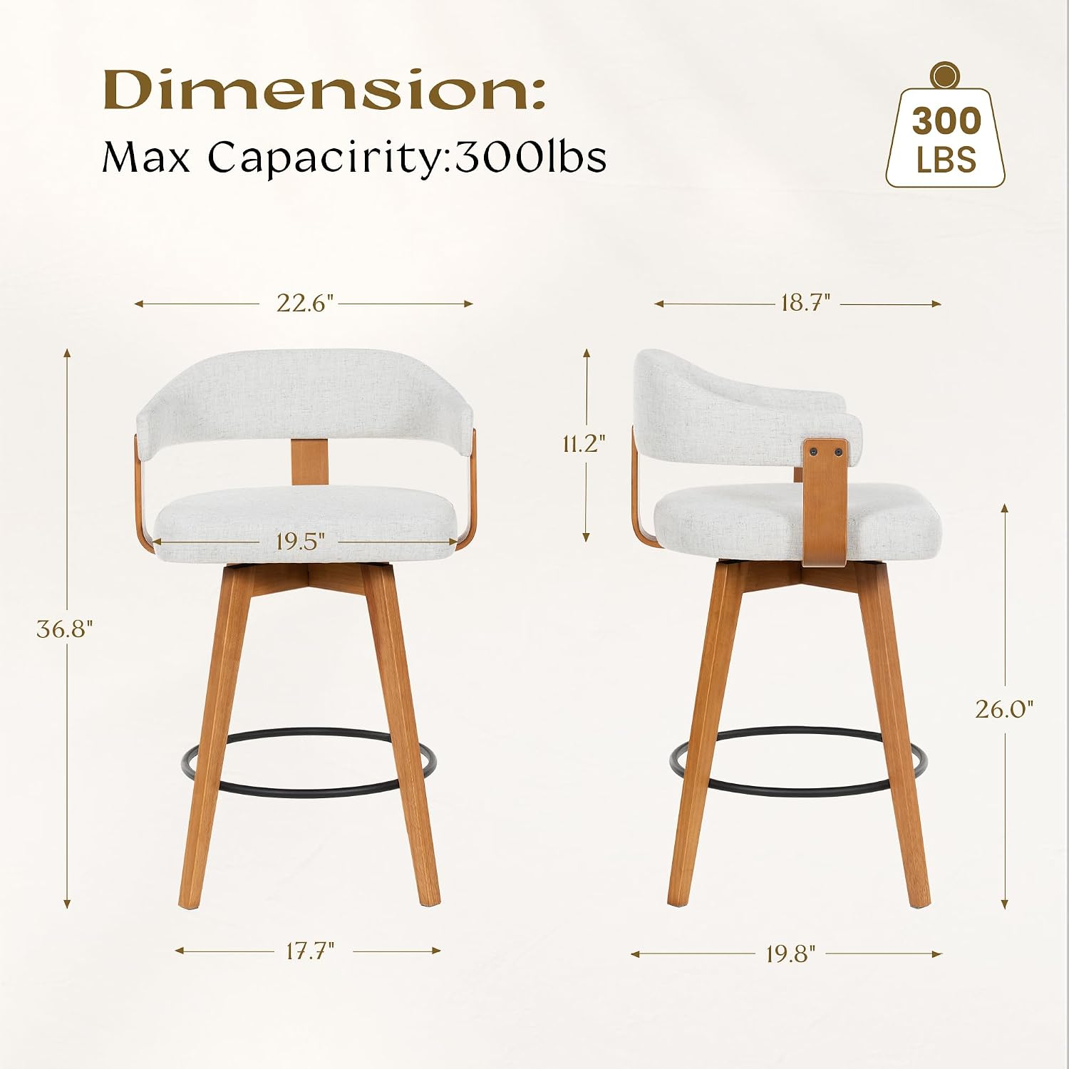 Swivel Bar Stools Set of 2, 26” Wood Counter Height Barstools with Curved Back, Mid Century Modern Linen Upholstered Bar Chairs for Kitchen Island, Dining Room, Pub, Beige
